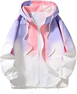 Chaqueta impermeable para hombre, con cremallera completa, color degradado, con capucha, casual, con cremallera, ligera, con bolsillo