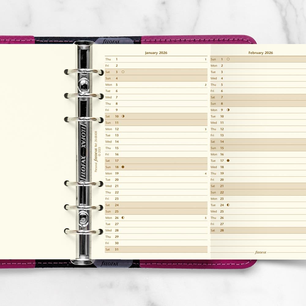 Filofax Kalender-Tagebuch-Nachfüllpackung, persönliche/kompakte Größe, vertikaler Jahresplaner, Baumwollcremepapier, Englisch, 2026 (C68408-26)
