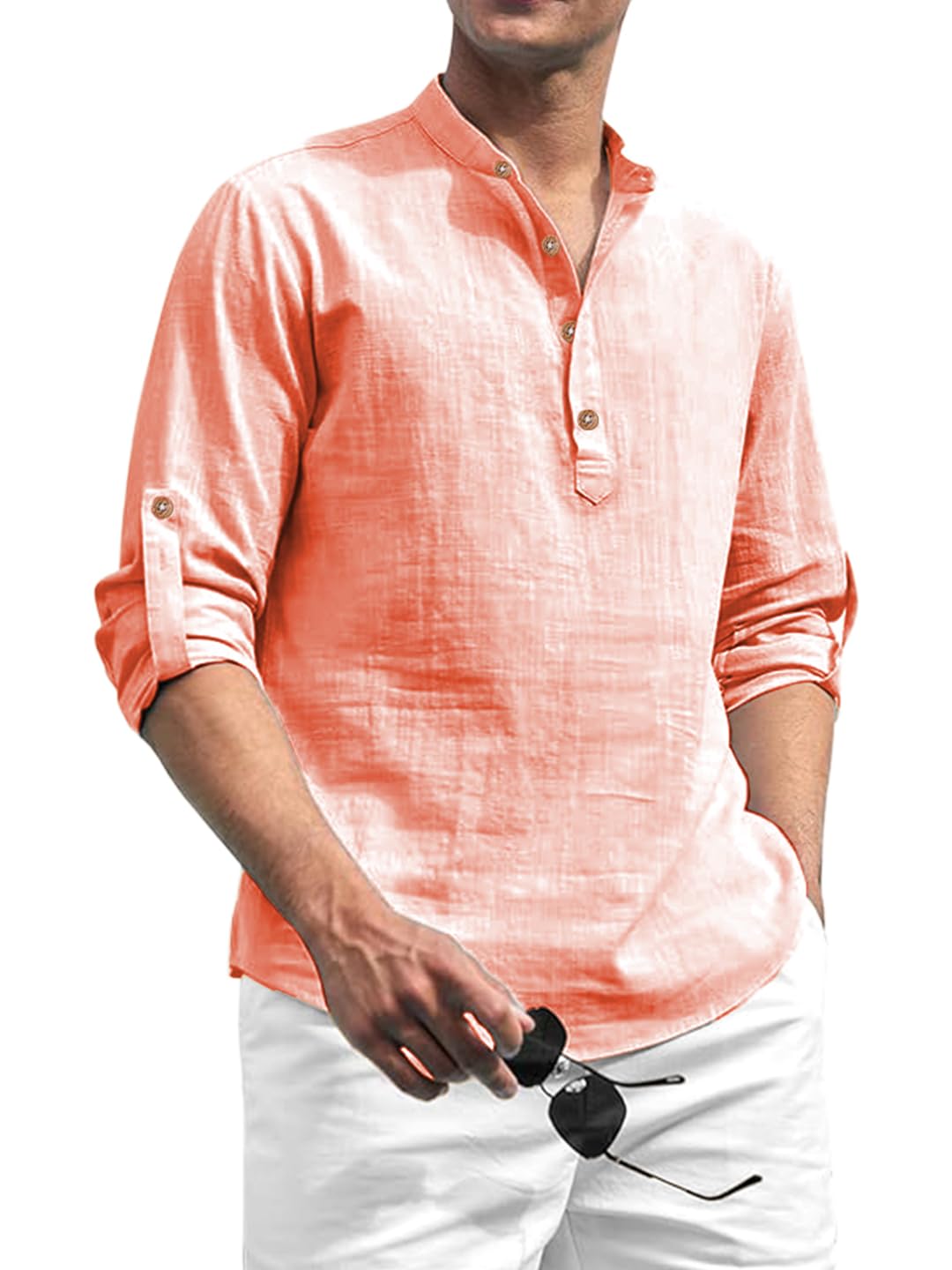Tokyo Talkies Cotton Blend Solid Casual Slim Fit Mandarin/Chinese Collor Short Kurta for Men (KRTBTN41) in neutral