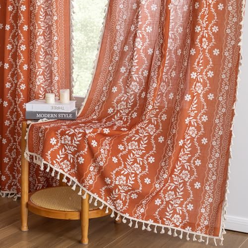 Image of MYSKY HOME Terracotta Boho Floral Linen Curtains 96 Inch Length for Bedroom