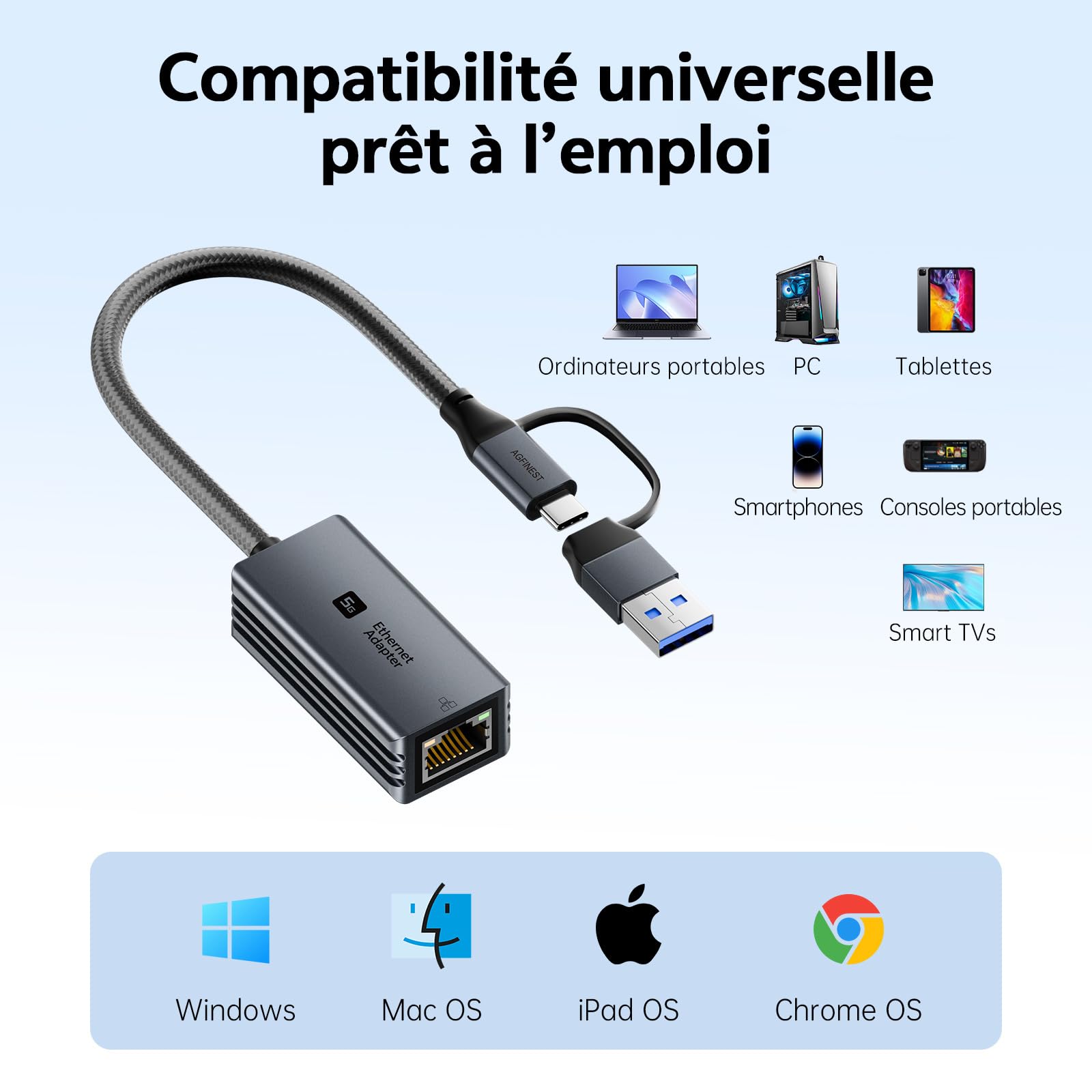 5G Adaptateur USB3.0 vers Ethernet, USB-C vers RJ45 Réseau LAN | USB-C/USB-A | Aluminium & Tressé | Windows, macOS, Linux, Android | pour NAS, PC, MacBook, XPS, Surface | Plug & Play
