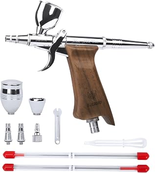 Airbrush, Double Action Trigger Type, Hand Piece, Head Assembly, Replaceable Airbrush Kit, 3 Types of Nozzles, 0.01, 0.02, 0.03, 0.03, 0.03, 3, 7cc, 11cc, Painting, Plastic Model, Hobby, Spray, DIY W001-Walnut