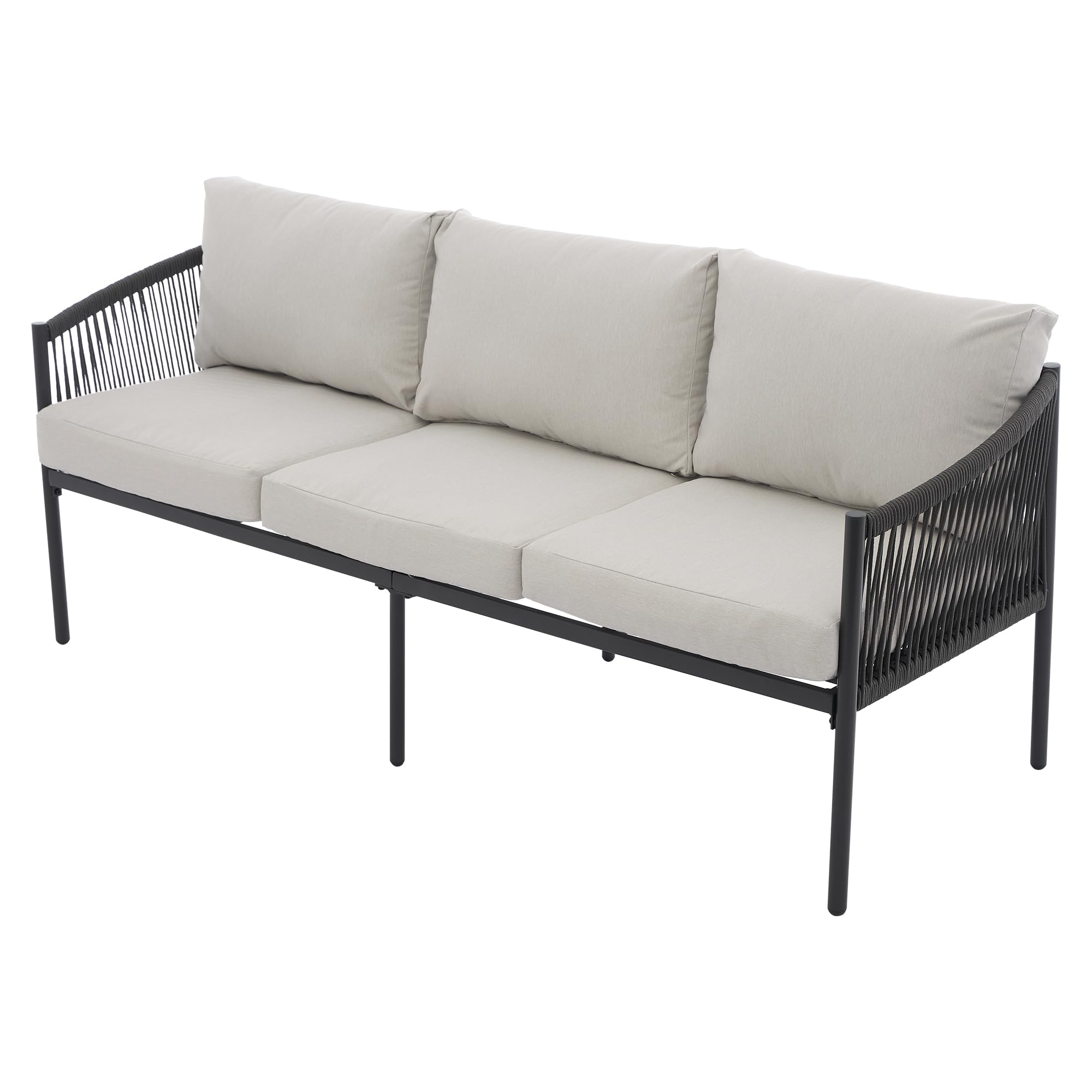 Lexiou Set di sedie da giardino, divano a 3 posti, 2 poltrone e 2 tavolini, per esterni, piano in vetro laccato marmo, corda intrecciata a mano, grigio