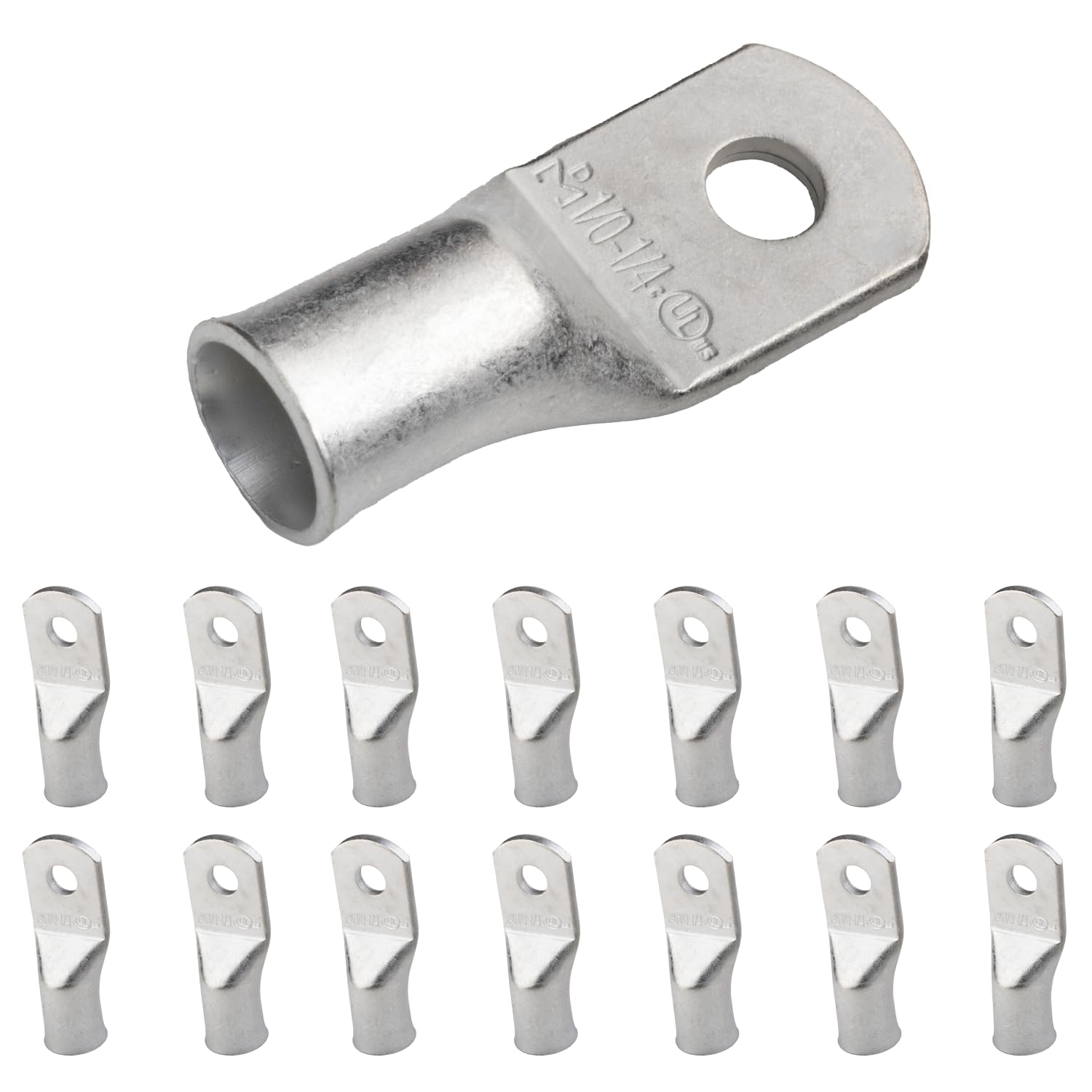 SELTERM 1/0 AWG (50 mm²) - 1/4" (M6) ⌀ Hole UL Marine Grade Wire Lugs, Battery Cable Ends, Tinned Copper Eyelets, Tubular Ring Terminal Connectors [B64] - 15 Pack