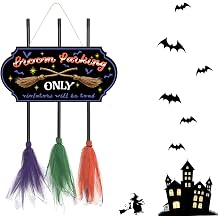 Halloween Wall Hanging Decor,Ompinda Spooky Broom Parking Porch Sign with 3 Witch Brooms for Outdoor Front Porch or Indoor Living Room Style B
