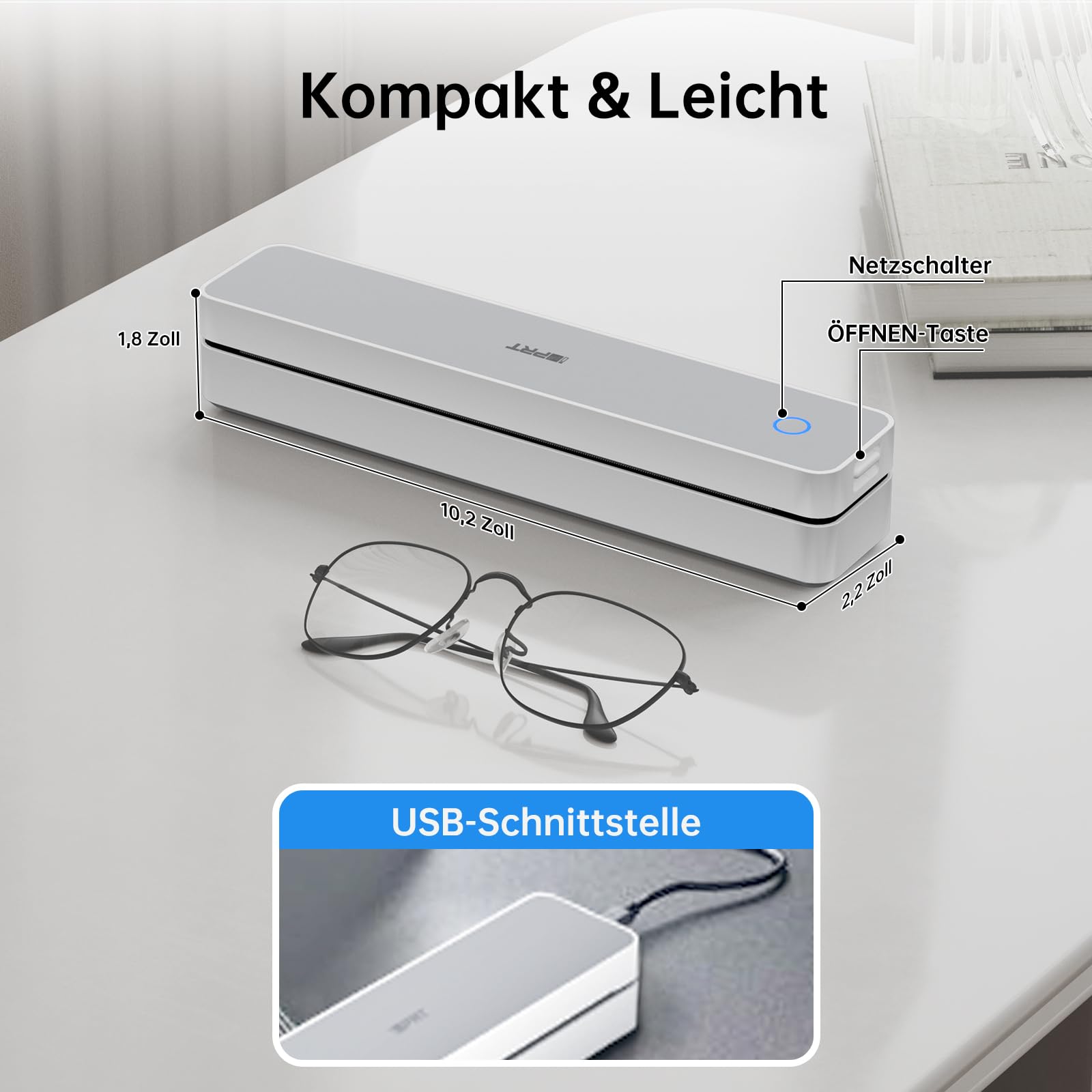iDPRT tragbarer Thermodrucker, 300DPI Tintenloser Bluetooth-Kleine Mobildrucker Drahtlos für Reisen, Büro, Fahrzeuge, Heimgebrauch, Unterstützung A4 Thermopapier Kompatibel mit iOS, Android, PC, Weiß