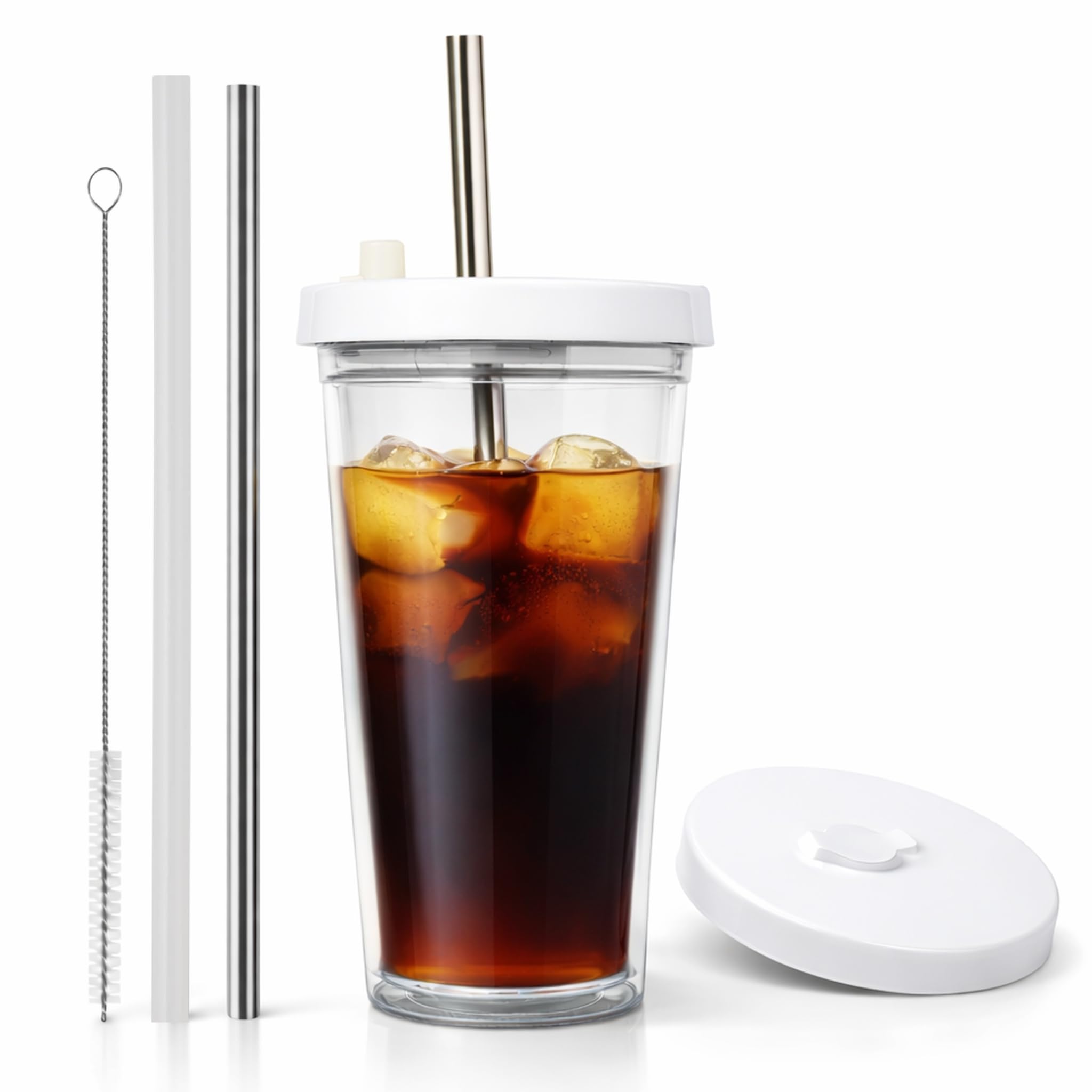 Reusable Iced Coffee Cup (16 Oz/Grande), Leak Proof and Double Wall Insulated Iced Coffee Tumbler, Come with Reusable Plastic and Metal Straws and Straw Cleaner - White