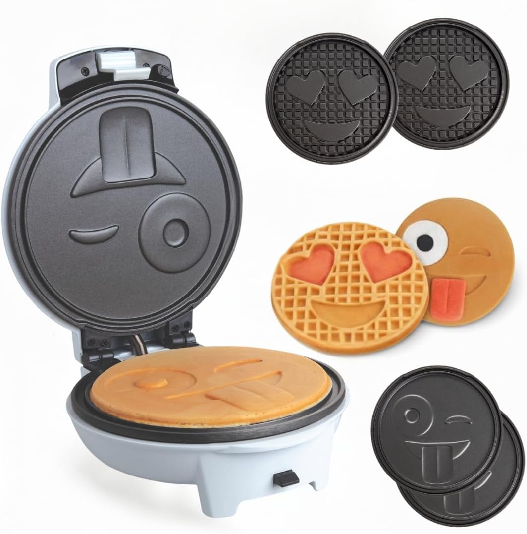 Emoji Smiley Face Waffle & Pancake Maker w 2 Removable Plate Sets- Fun Breakfast Maker for Kids & Families, Cute Nonstick Novelty Waffler for Easy Homemade Waffles- Gift for Birthday, Brunch, Everyday