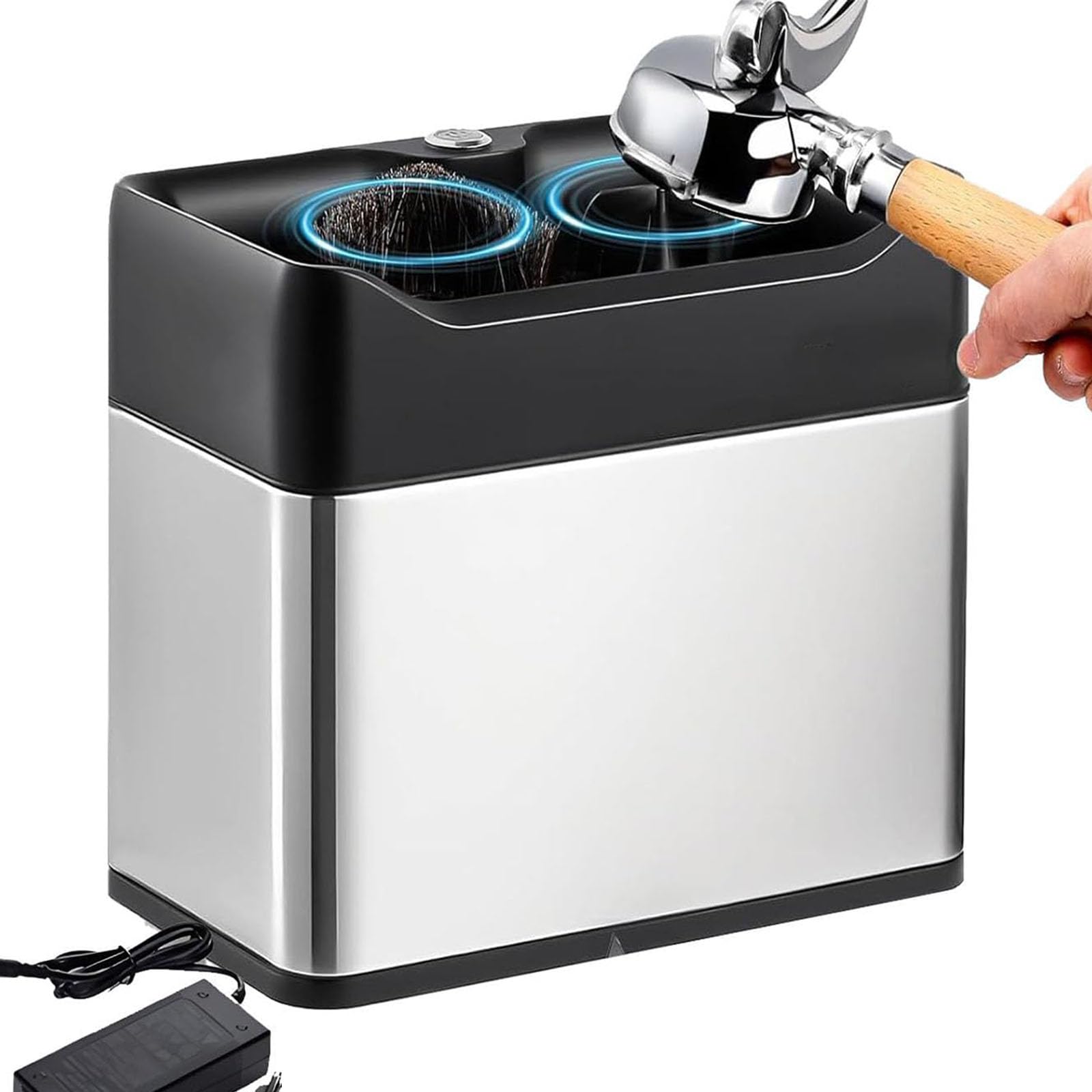 Limpiador de portafiltros eléctrico para cesta de 58 mm, caja automática de café espresso con raspador y cepillo, herramienta de limpieza eficiente para los amantes del café