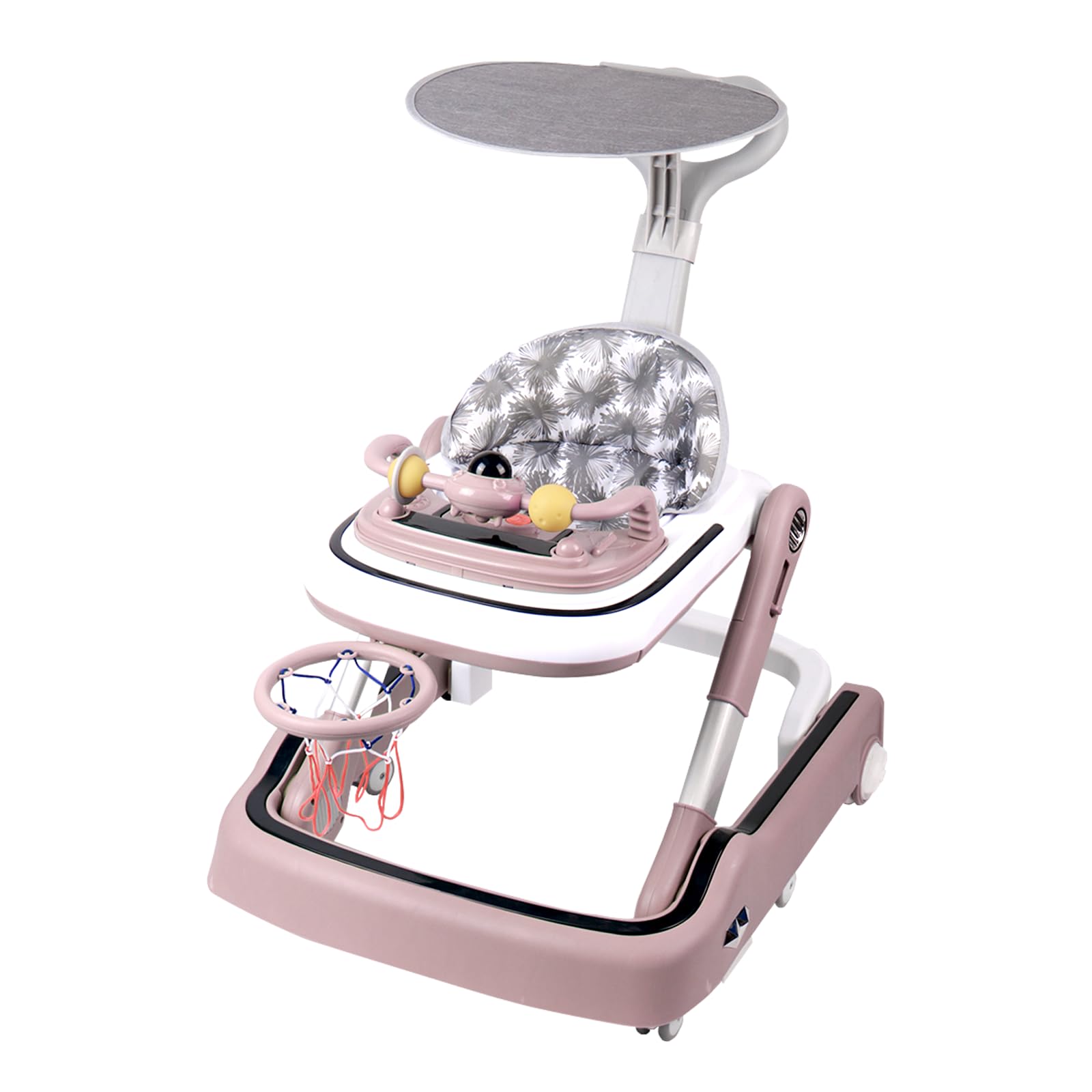 Andador plegable para bebé, andador con parasol, apto para 6-36 meses, altura ajustable, modo de música, modo de entretenimiento (65 x 57 x 80 cm), color rosa