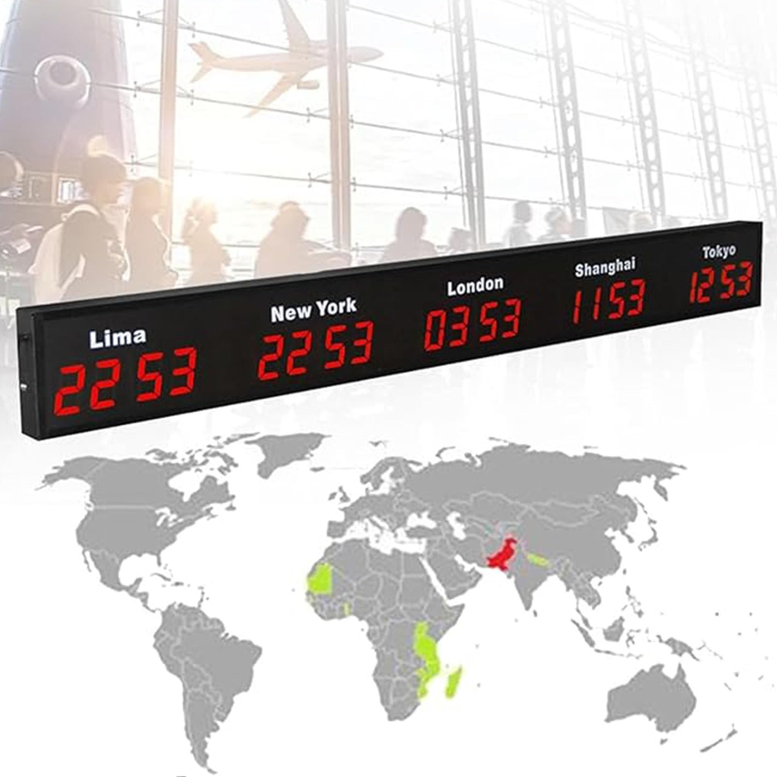 Wall Mounted World Clock, 3/4/5 City Time Zone LED Digital World Time Wall Clock Indoor Multi Time Zone World Wall Clock for Multinational Enterprises/Office/Home/Living Room/School,Red-5City