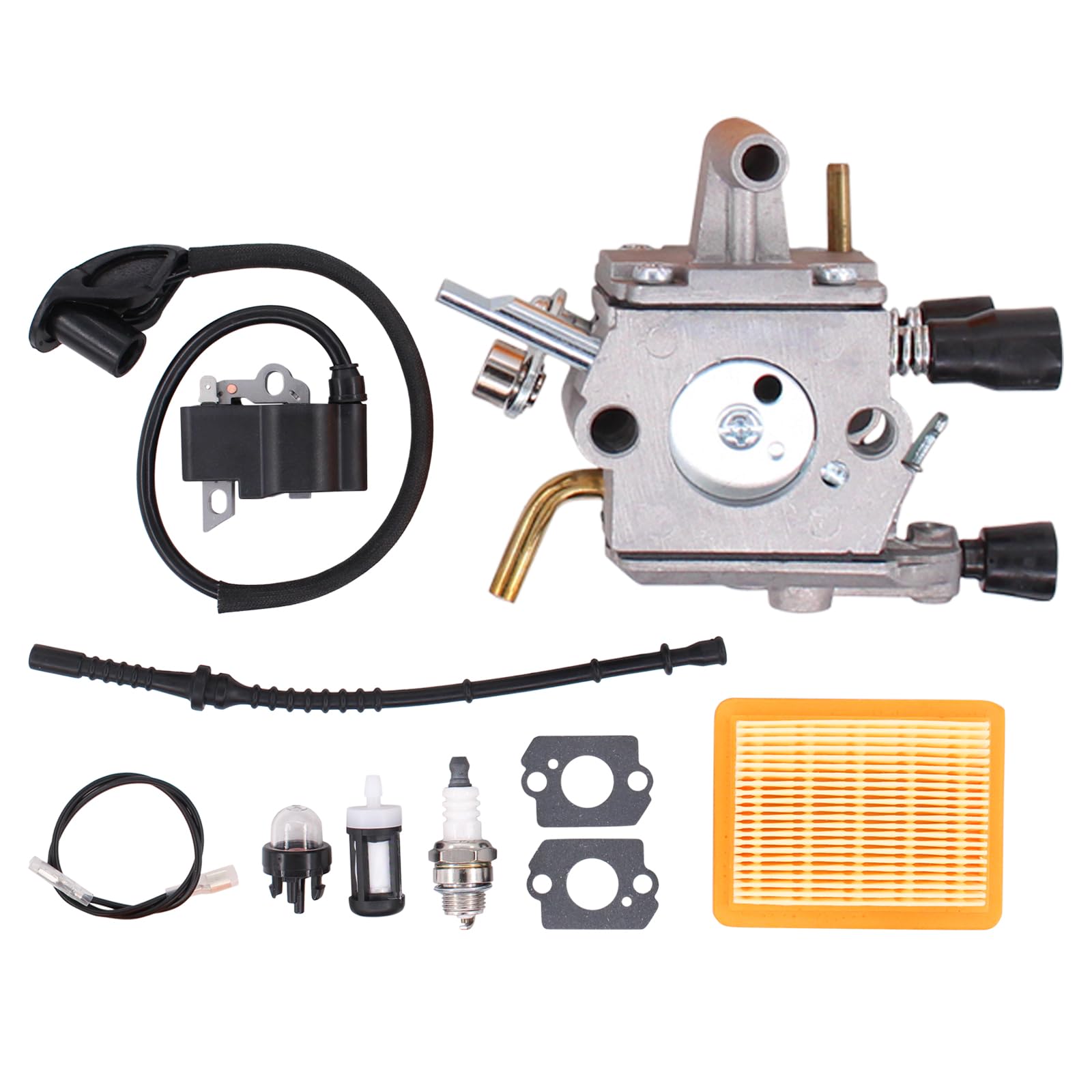 Vergaser Ersatz Rasenmäher mit Vergaserfilter Zündspule Kraftstofffilter Luftfilter Zündkerze Kraftstoffleitung Kraftstoffschlauch Ansaugpumpe Dichtung Satz für FS120 FS120R FS200 FS250 FS 350 FS300