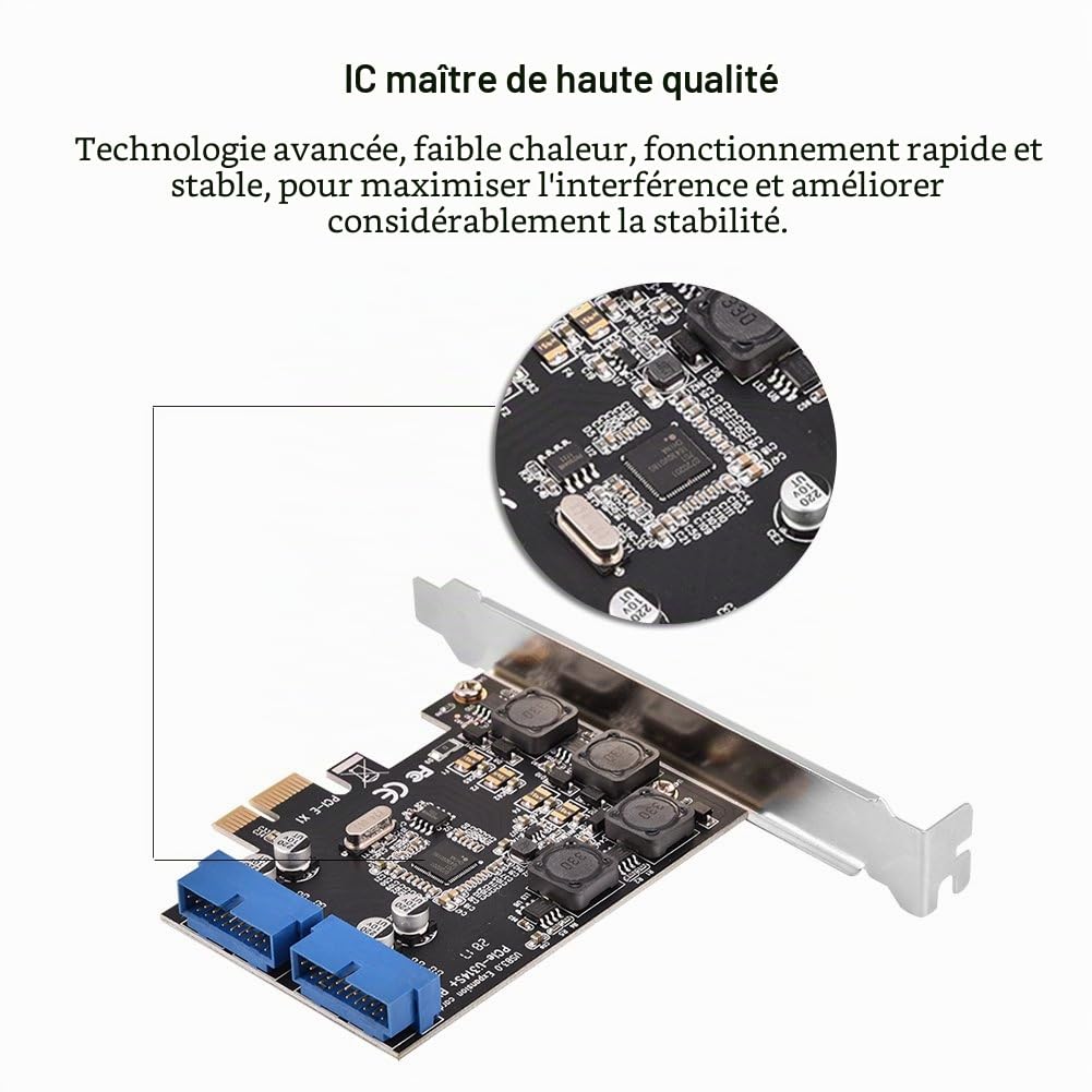 PCI-E Carte Adaptateur, ASHATA Carte Controleur PCI Express (PCI-E) vers 2 Ports USB 3.0 à 19 Broches pour l'emplacement PCI-E X1 X4 X8 X16