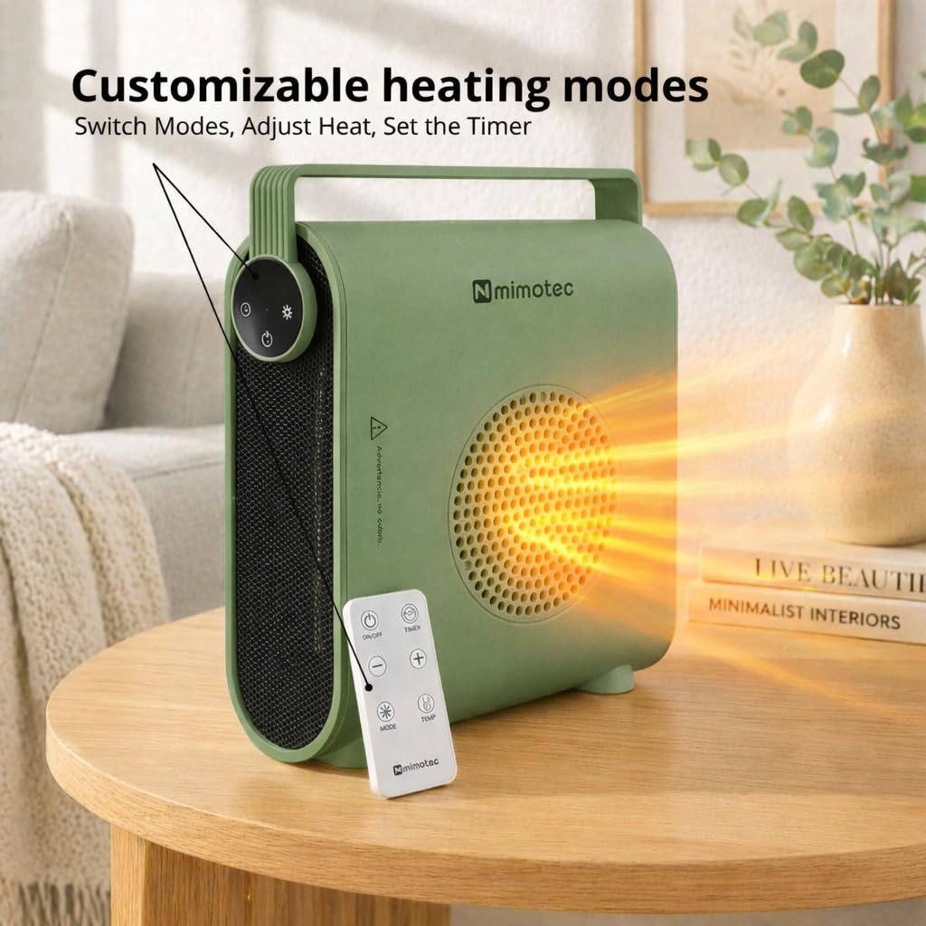 M Mimotec Grzejnik ceramiczny Green Hearth 2000 W, 3 tryby (wentylator/niski/wysoki), regulowany termostat, cichy <60 dB, z pilotem, timerem i zabezpieczeniem przed przewróceniem