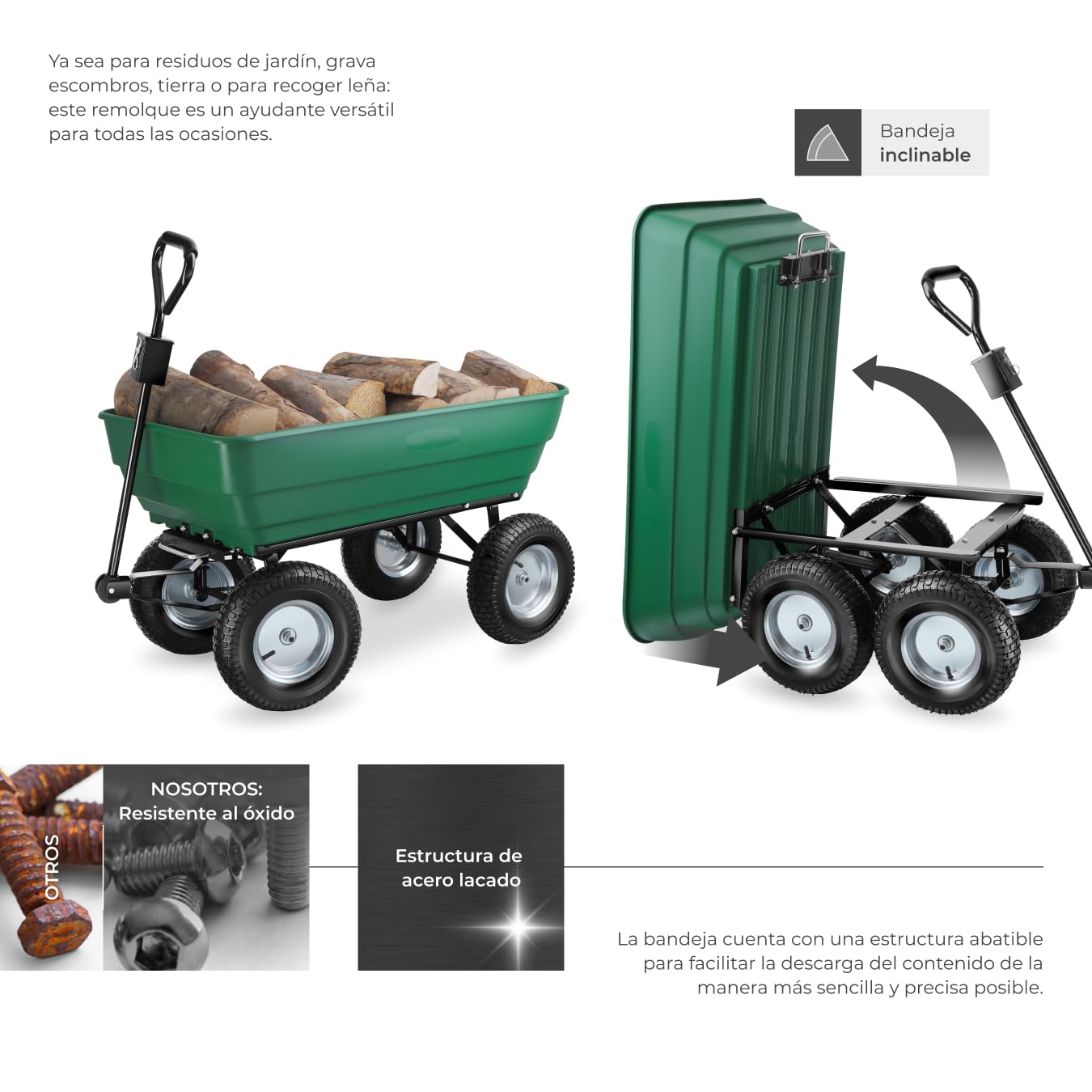 tectake® Carro de Jardin con Ruedas Neumáticas, Carretilla de Mano para Herramientas y Jardinería, Carrito de Transporte Resistente para Distintos Usos - 107 x 58 x 60,5 cm 300 Kilos de Carga