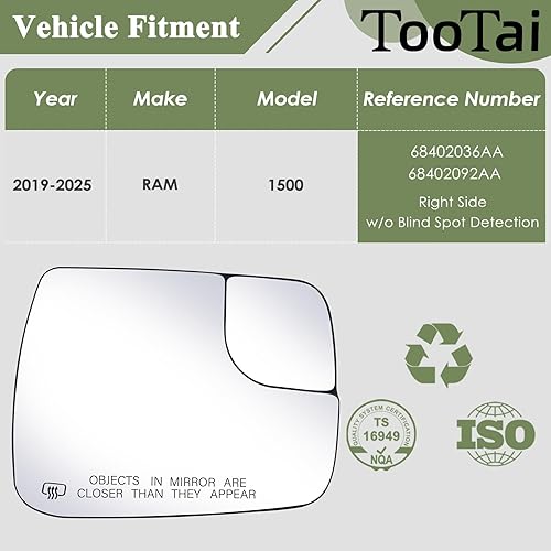 Miniatura 2 de Tootai Cristal de espejo lateral del pasajero compatible con RAM 1500 2019-2022, calentado sin detección de punto ciego, sin atenuación automática,