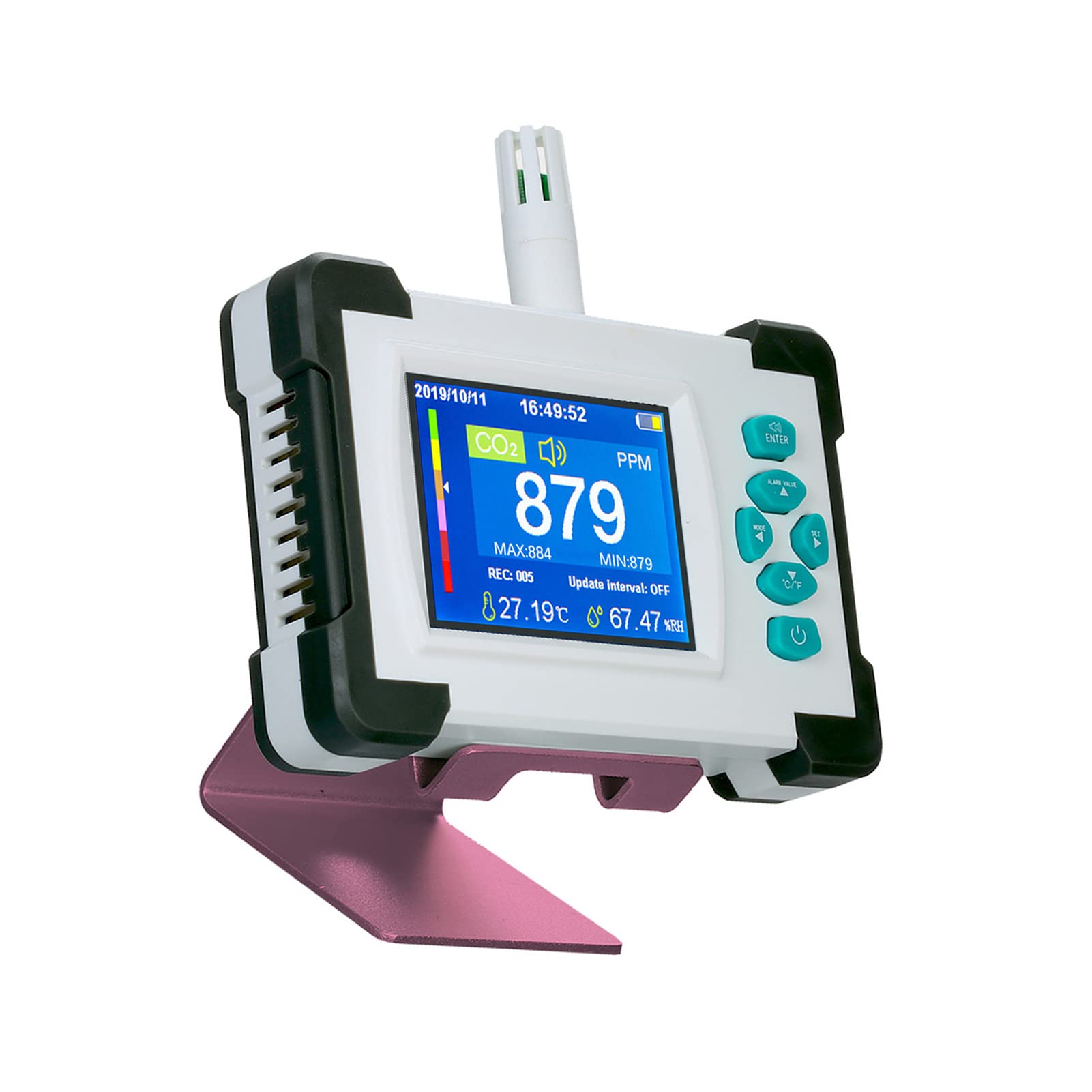 Geevorks Medidor de CO2 de Alta Precisión,Detector de CO2 con función de generación y exportación de Archivos PDF,Detector Dióxido Carbono,Temperatura y Humedad,con Estuche de Almacenamiento