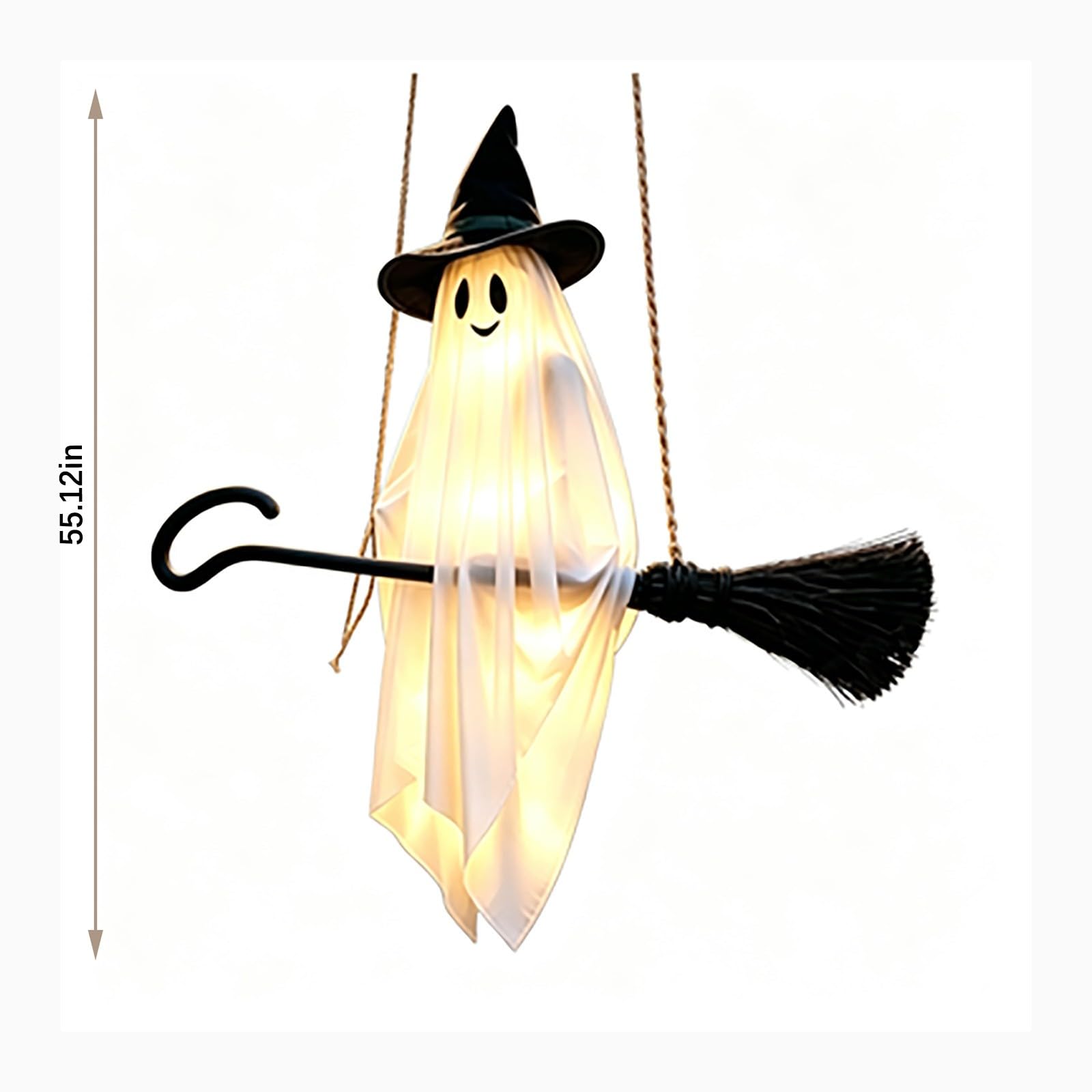 Decoración Colgante Luminosa de Halloween: Fantasma con Sombrero de Bruja Montando una Escoba, con Luces LED cálidas. Ideal para Interiores y Exteriores, porches, Jardines, Patios,