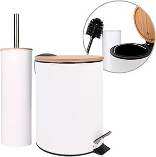 Amig - Pack de Papelera y Escobillero Naturline - Ø168 x 230 mm - Acero y Bambú - Color Blanco - Juego de Baño Compacto y Coordinado - Ideal para Espacios Modernos y Naturales