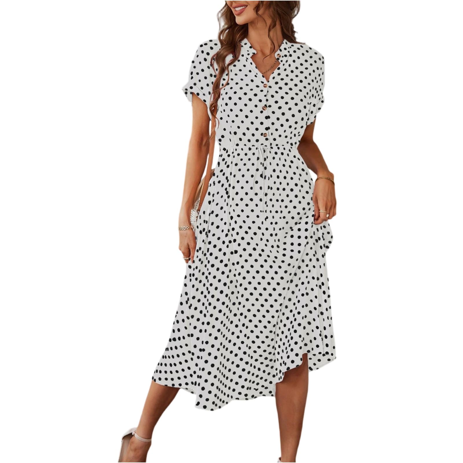 Polka Dot Dress for Women Short Sleeve V Neck Button Down Shift Dress Elegant Church Teacher Work Outfits