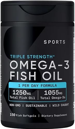 Aceite de pescado deportivo, triple fuerza, (150 unidades) fórmula sin eructos, 1250 mg de aceite de pescado, 1055 mg de Omega 3, 1 cápsula blanda