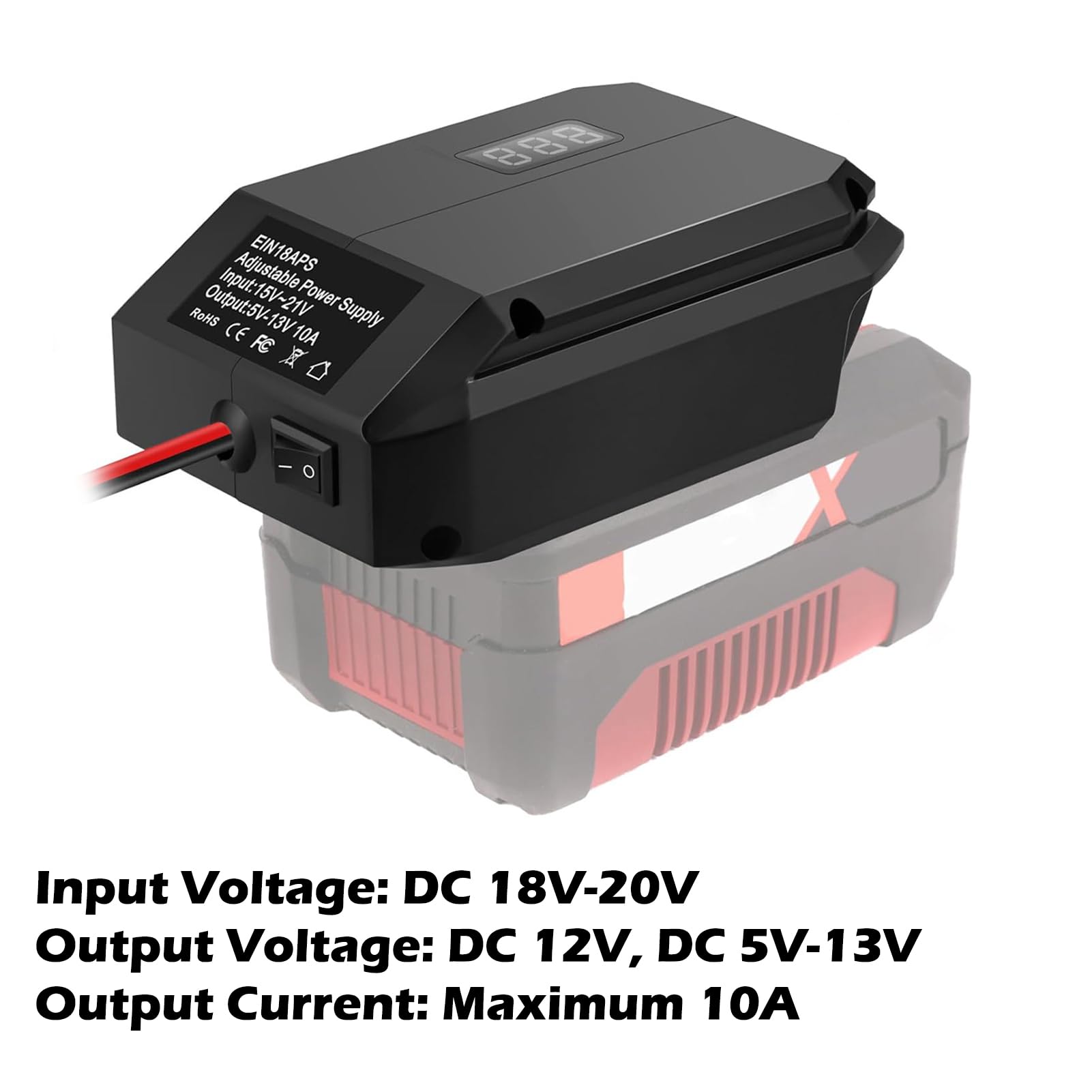 Convertisseur abaisseur 18 V à 12 V pour Batterie Einhell 18 V, Tension CC Adaptateur d'alimentation pour Batterie Sortie 5 V-13 V Max. 10 A Prise Allume-Cigare