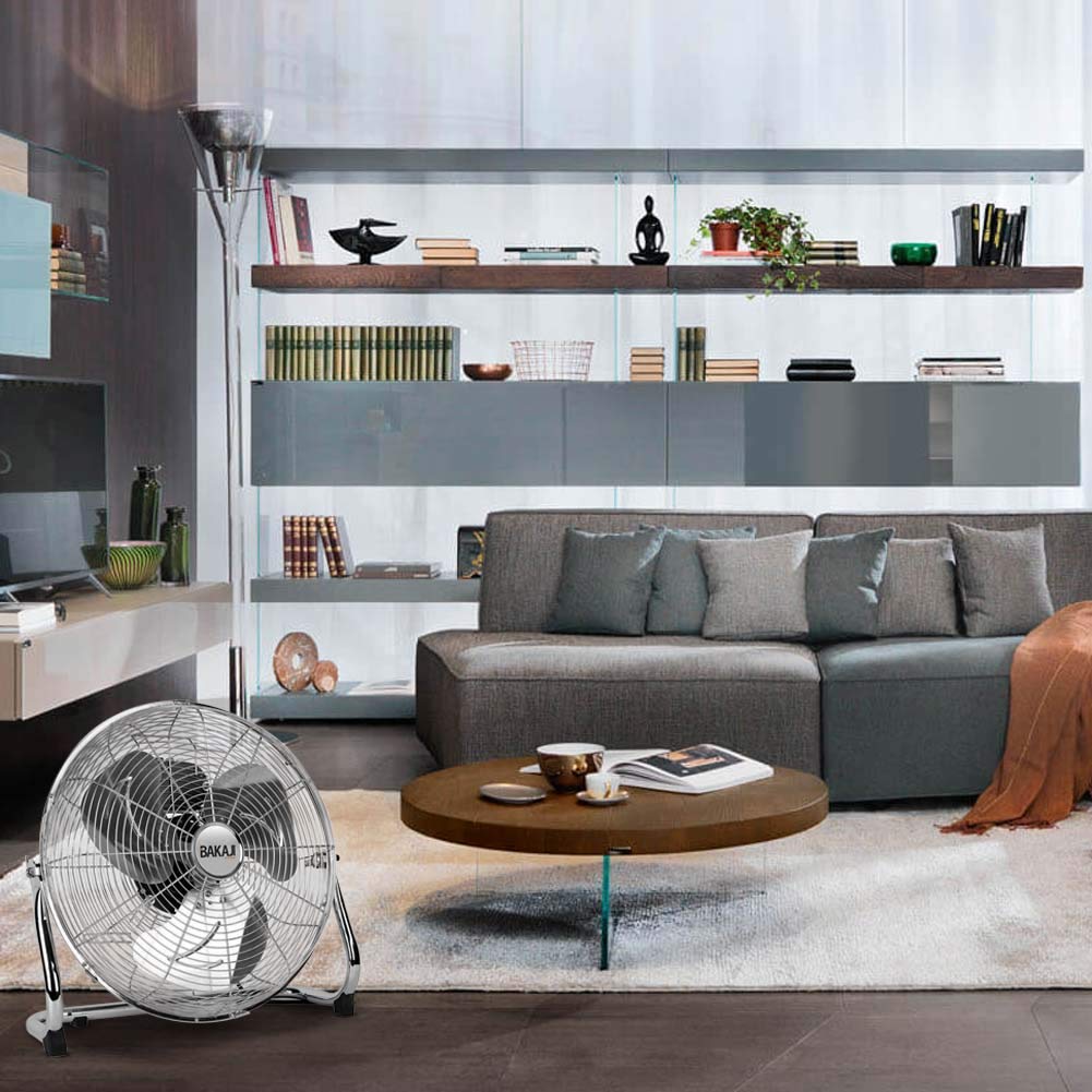 BAKAJI Ventilatore Da Terra In Metallo Potenza 100 Watt Con Pale 50 cm in Alluminio Inclinabili e Motore a 3 Velocità