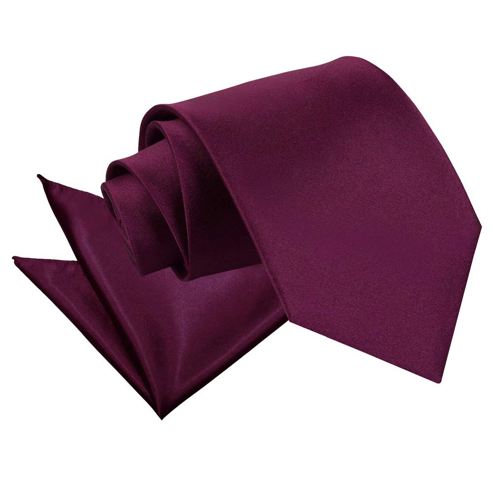 DQT Mens Plain Satin Tie & Pocket Square Set (2pc) - 9cm Classic Wedding, Business & Formal Necktie - Plum