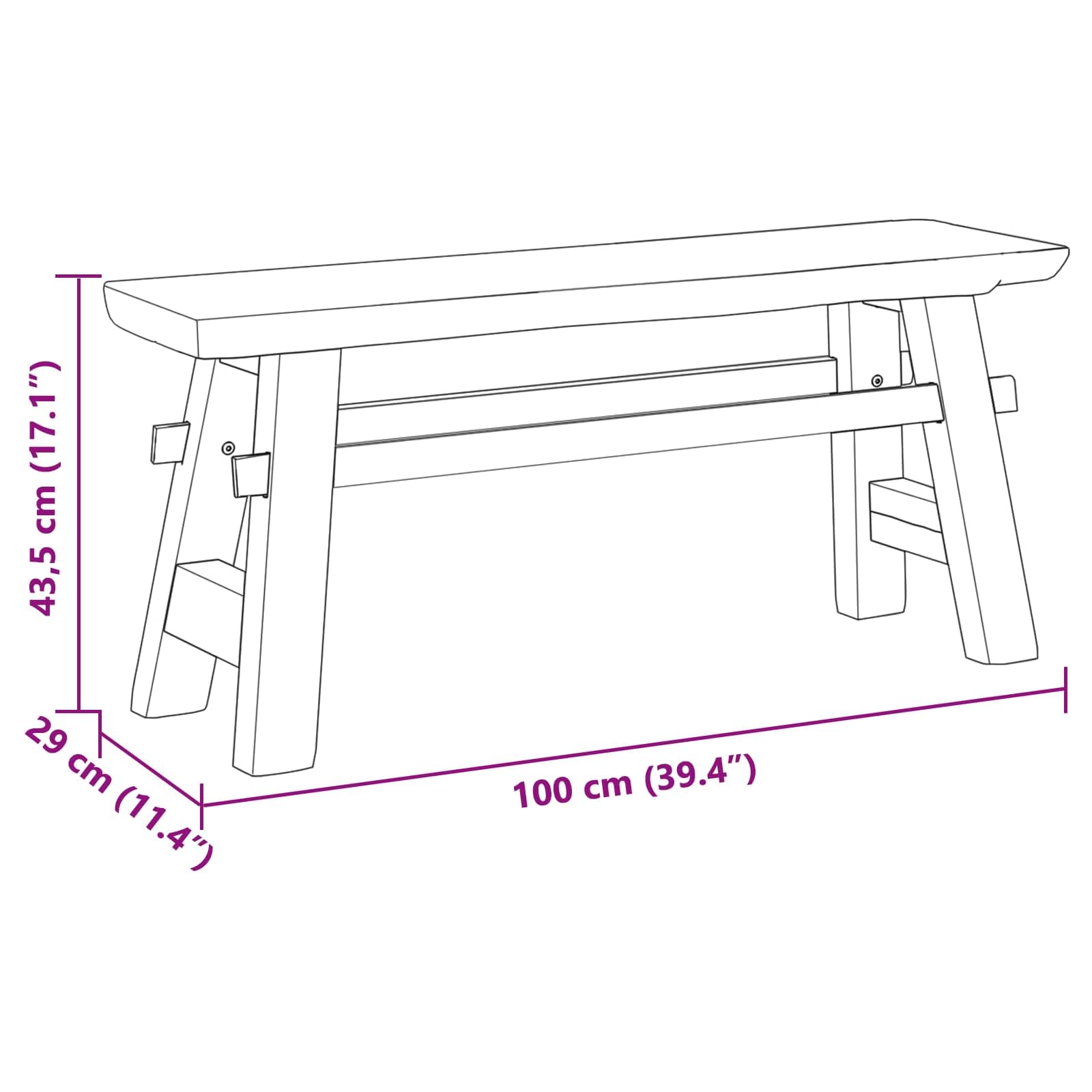 Ławka z naturalnego drewna tekowego, 100 x 29 x 43,5 cm, stabilna ławka do siedzenia na balkon, do ogrodu, na taras, z naturalnym rysunkiem słojów i wytrzymałą ramą, wszechstronne