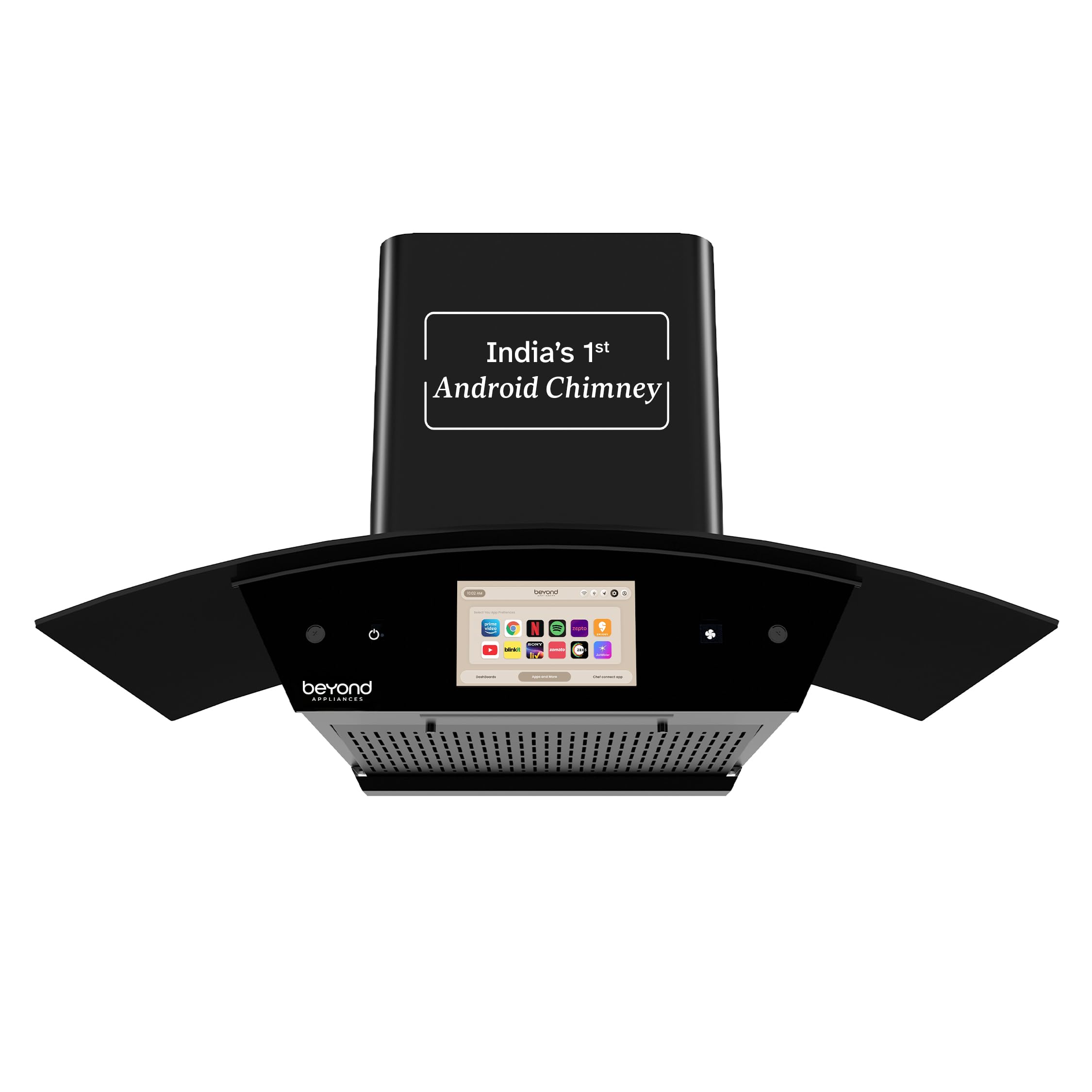 Beyond Appliances Asteria 90cm 1408m/hr, Filterless Autoclean Curved Kitchen Chimney with Smart Screen & Speakers (Touch Control, Black)