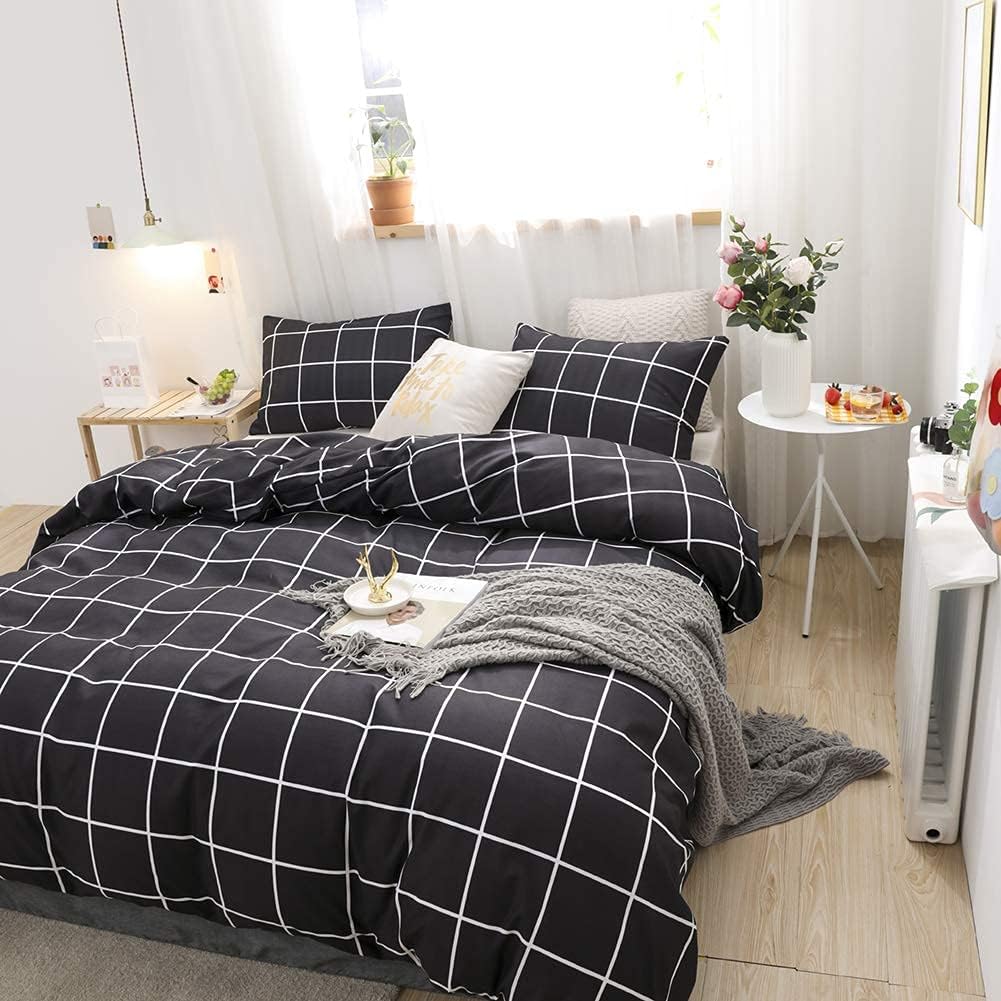Bedbay Black Grid Bedding Set King Size Checkered Plaid Duvet Cover Set 3 Pcs Black and White Bedding Set for Adults Teen with 2 Pillowcases (Black Grid,King)