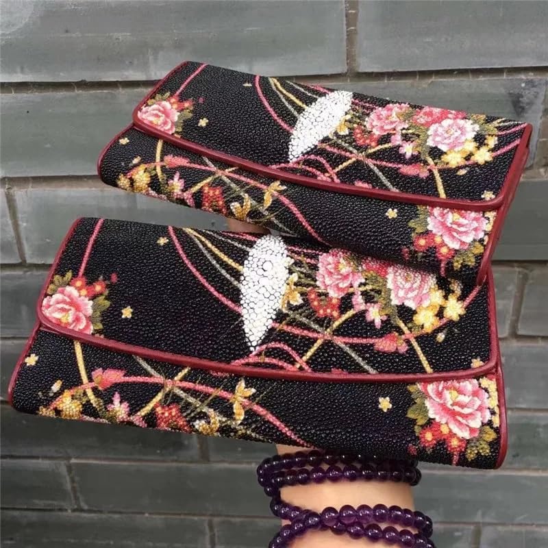 牡丹の花本物のエイ革女性の大きなカード財布本物のスケートスキン女性の電話ホルダー女性ロングクラッチ財布