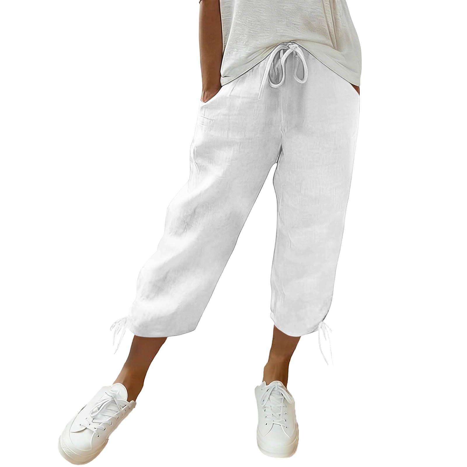 Women's Cotton Linen Capri Pants Elastic Waist Drawstring Casual Loose Summer Lightweight Cropped Trousers Comfy