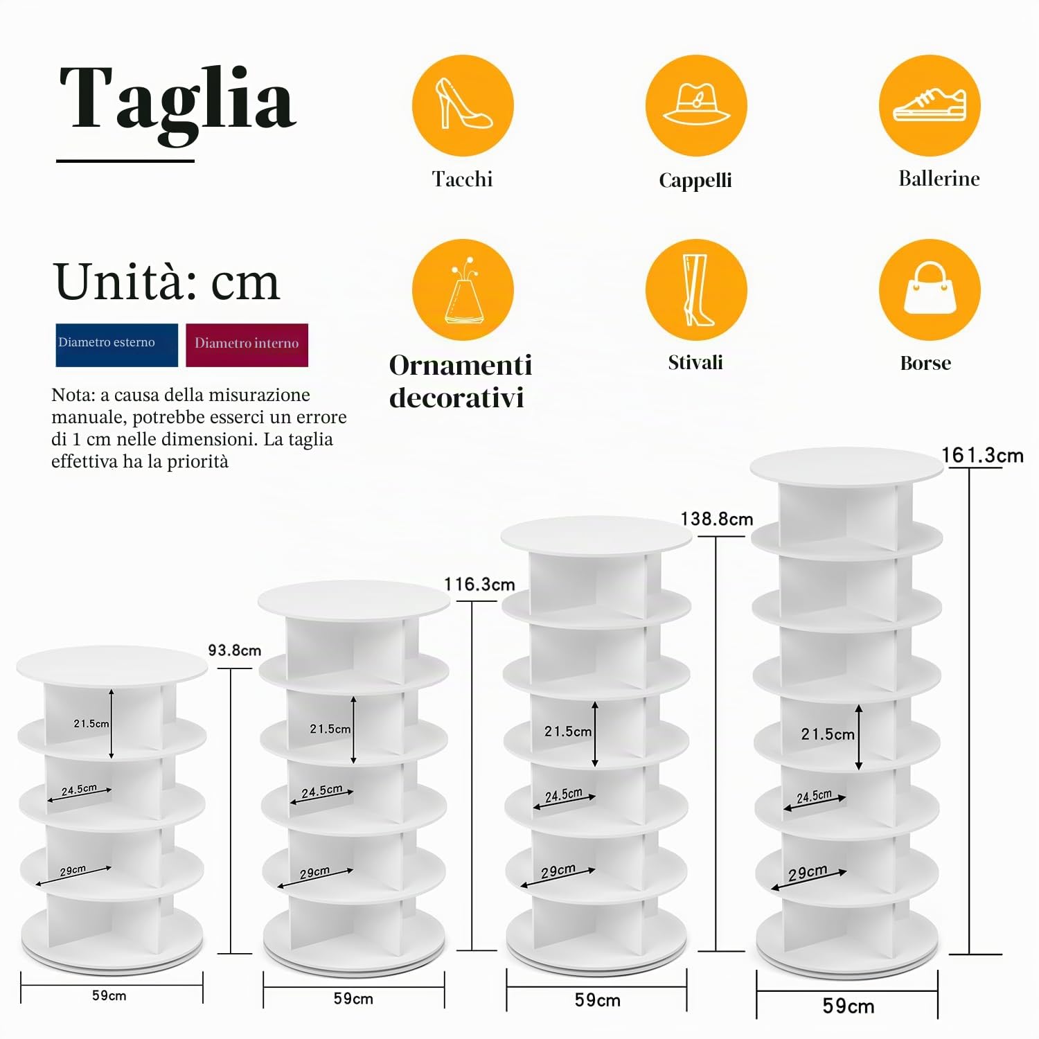 PTUWODS Scarpiera Girevole a 360 Gradi, Giostra Rotonda, Borsa Verticale, Organizzazione Scarpiera (Bianco, 5 Piani)