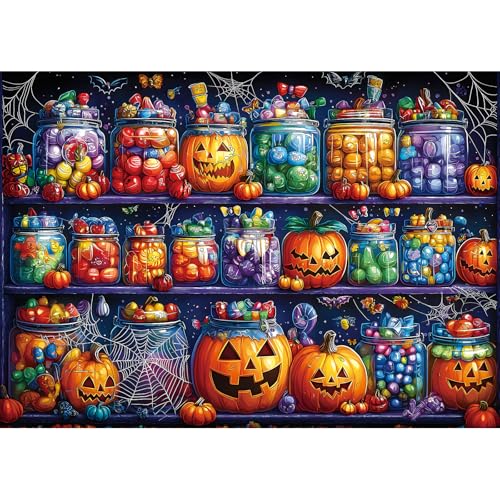 Image of Halloween Candy Jars 1000 Piece Puzzle for Adults Spooky Night Mason Jars Challenging Jigsaw Puzzles for Adults Family Game Night (27 inchx19 inch)