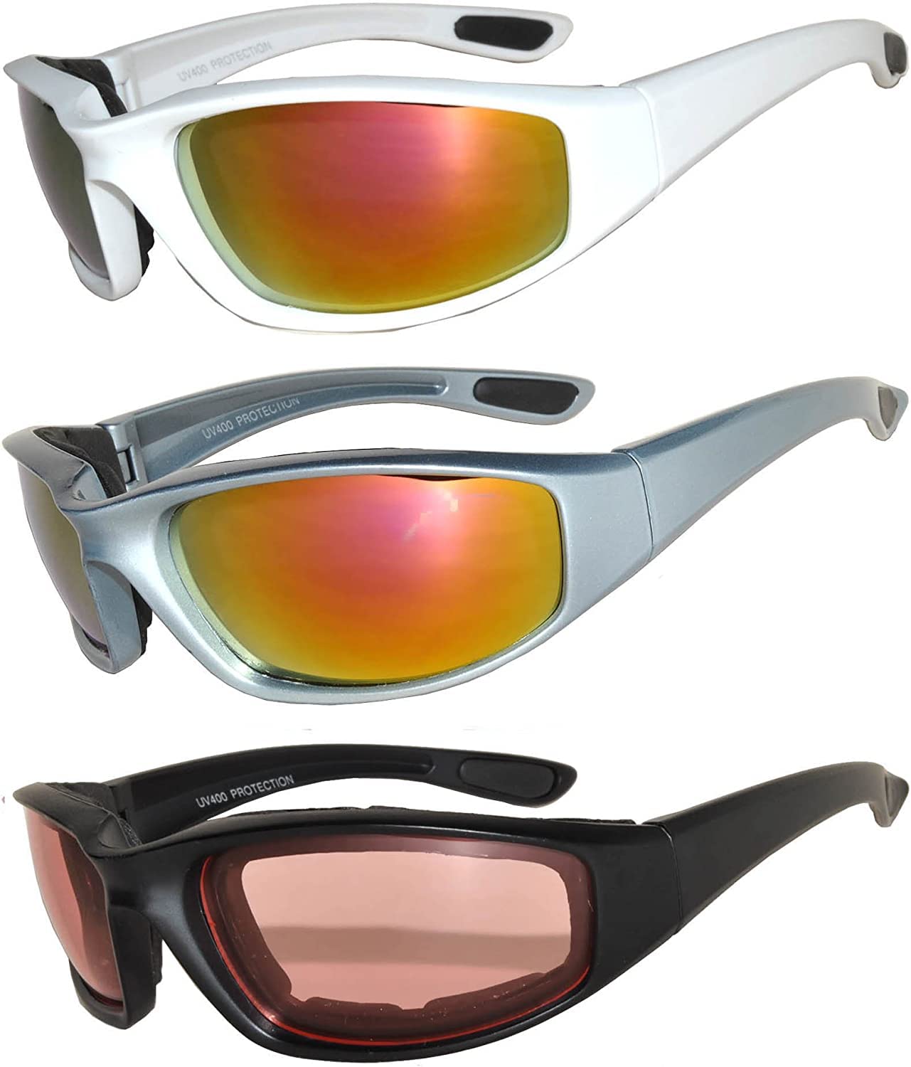 OWL 3 Pack Motorcycle Riding Glasses, Padded Sport Sunglasses, Assorted Colors for Men and Women