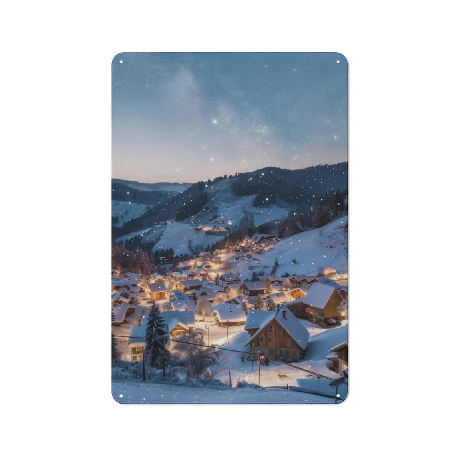 Junmoney Snowy Winter Village Retro Metal Plaque 30X20cm For Bar Or Restaurant, Suited To Restaurant Interior Fans