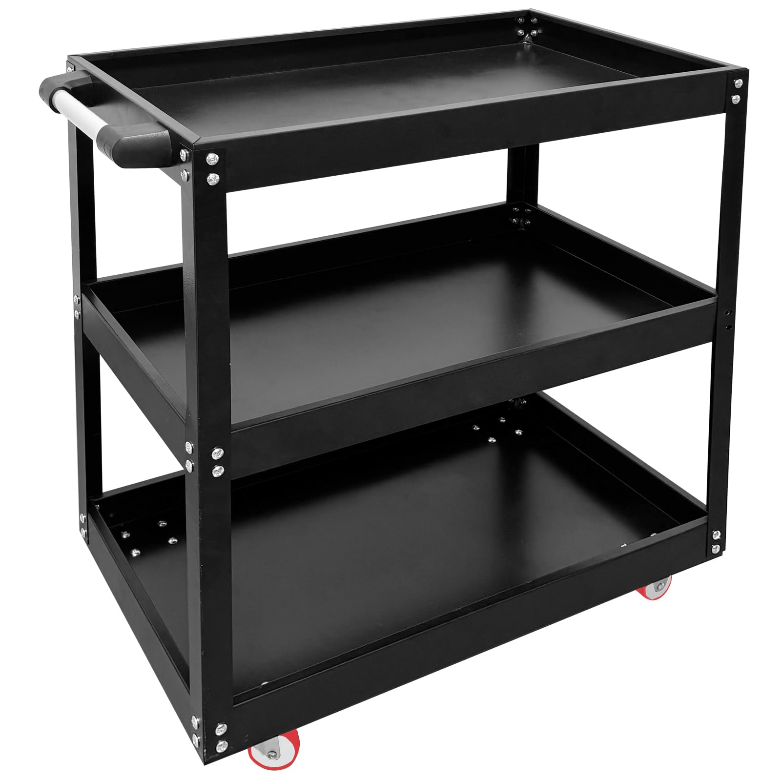 EVGTTI 3-Tier Service Cart 440 lbs Capacity Metal cart on Wheels for Garage Warehouse Workshop Use Stainless Steel Utility Cart Black/Red (Black)