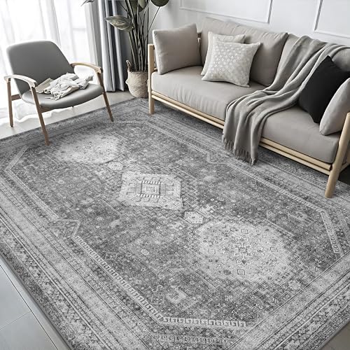 GENIMO 5x7 Area Rug for Living Room, Non Slip Machine Washable Low Pile Large Rug, Gray Indoor Vintage Lightweight for Bedroom, Dining Room & Home Office