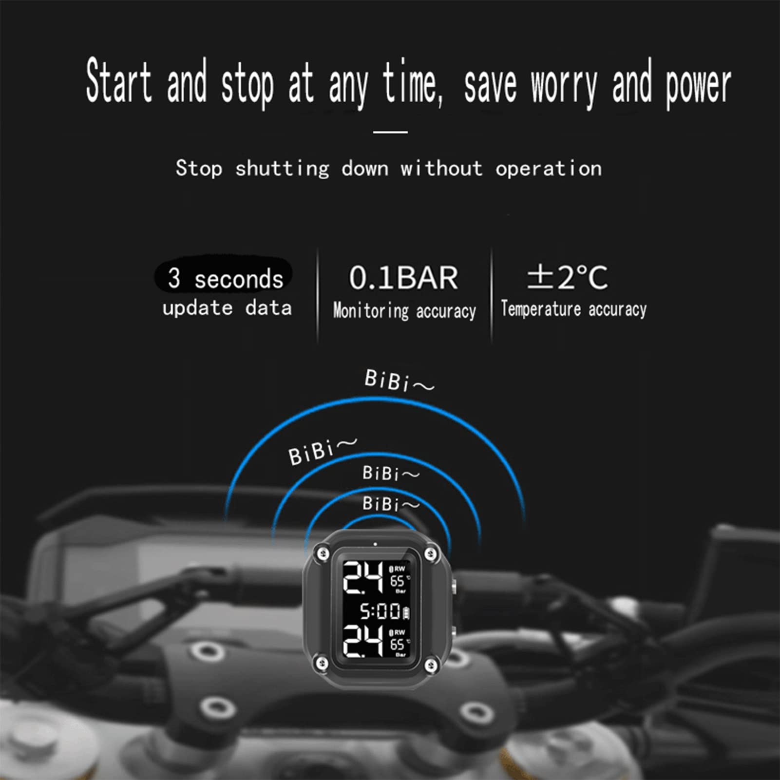 Shkalacar Sistema di monitoraggio della Pressione dei Pneumatici Wireless per motociclette TPMS di Ricarica USB per Moto con 2 sensori Esterni Display LCD