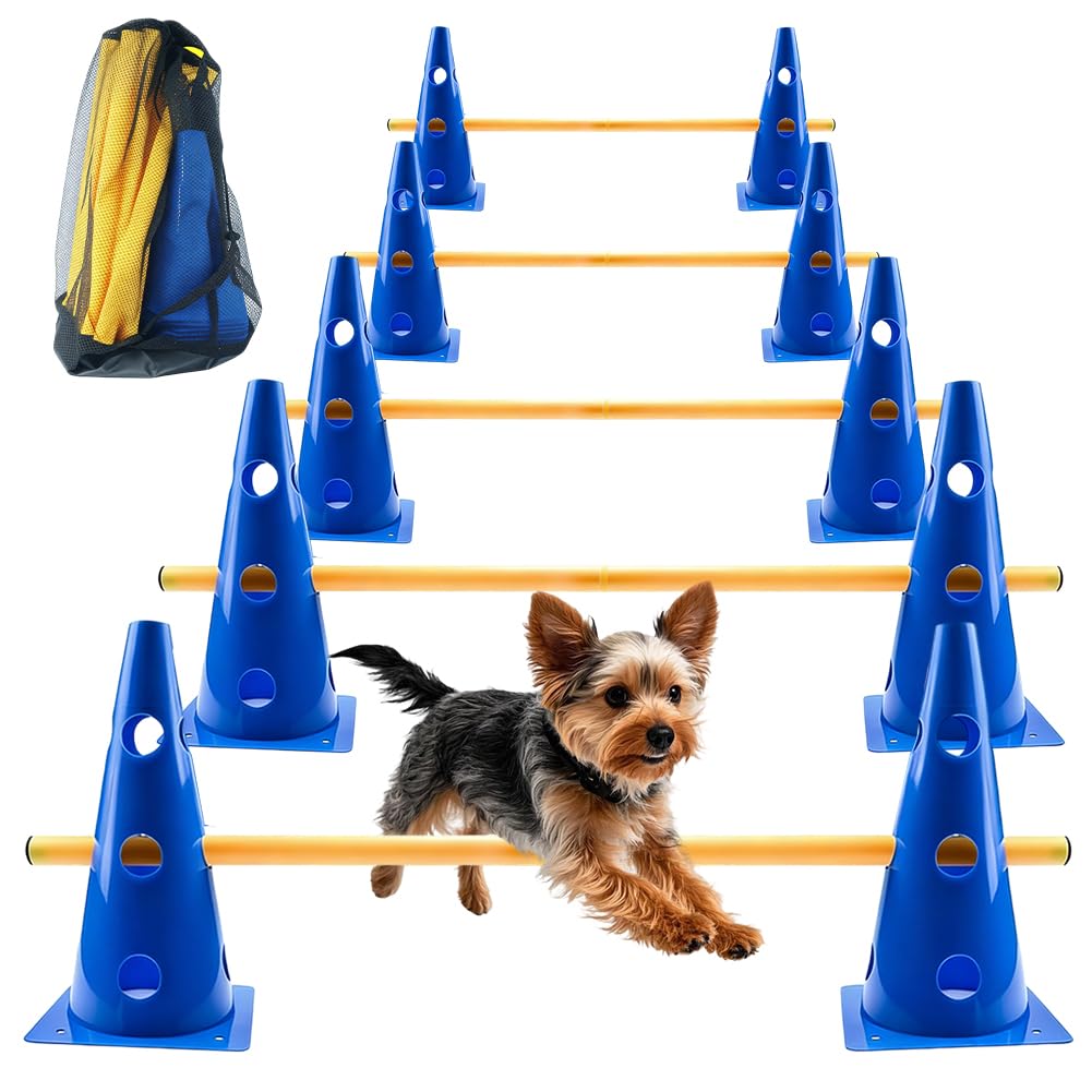 Steckhürden Set für Agility Training, 5 Stück Hindernisse mit 10 Kegel 23cm Höhe und 5 Stangen 80cm Lang, Verstellbare Hürdenset für Hundesport, Pferdetraining und Kinderturnen