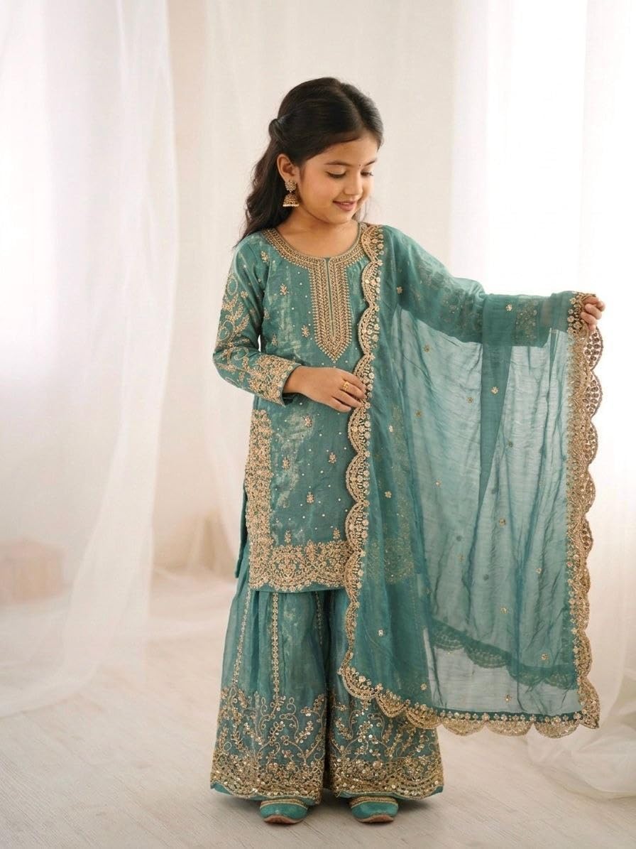 Girls Salwar Kameez Set with Dupatta for Kids Eid Special Wear Traditional Dress for Girls.