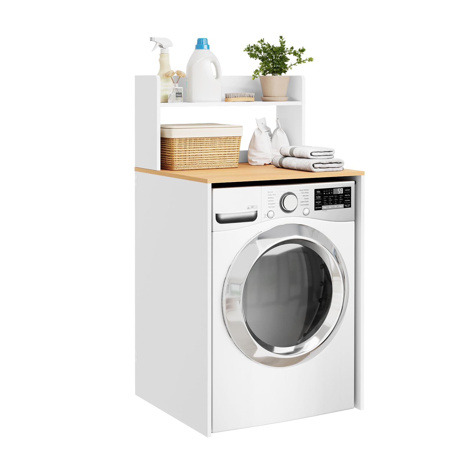 SoBuy Mueble Lavadora con Barandilla Anticaída 66x60x127 cm para Lavandería | Estantería Lavadora, Armario Baño con Encimera, Mueble Auxiliar Baño Blanco y Madera Natural BZR224-WN