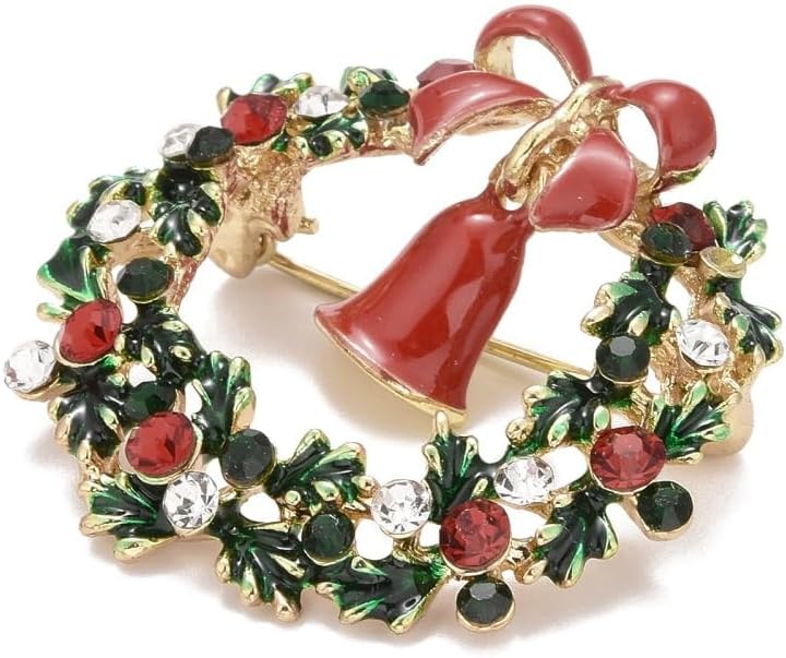 カラフルなクリスマスリース ベルエナメルブローチピン ラインストーンクリスマステーマラペルピン 洋服/バックパック/スカーフ装飾用