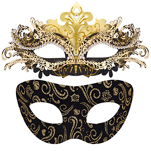 SIQUK Máscara de metal para baile de máscaras para casais, máscara veneziana para Halloween, máscara de Mardi Gras para casais, mulheres e homens, liga incrustada em preto e dourado