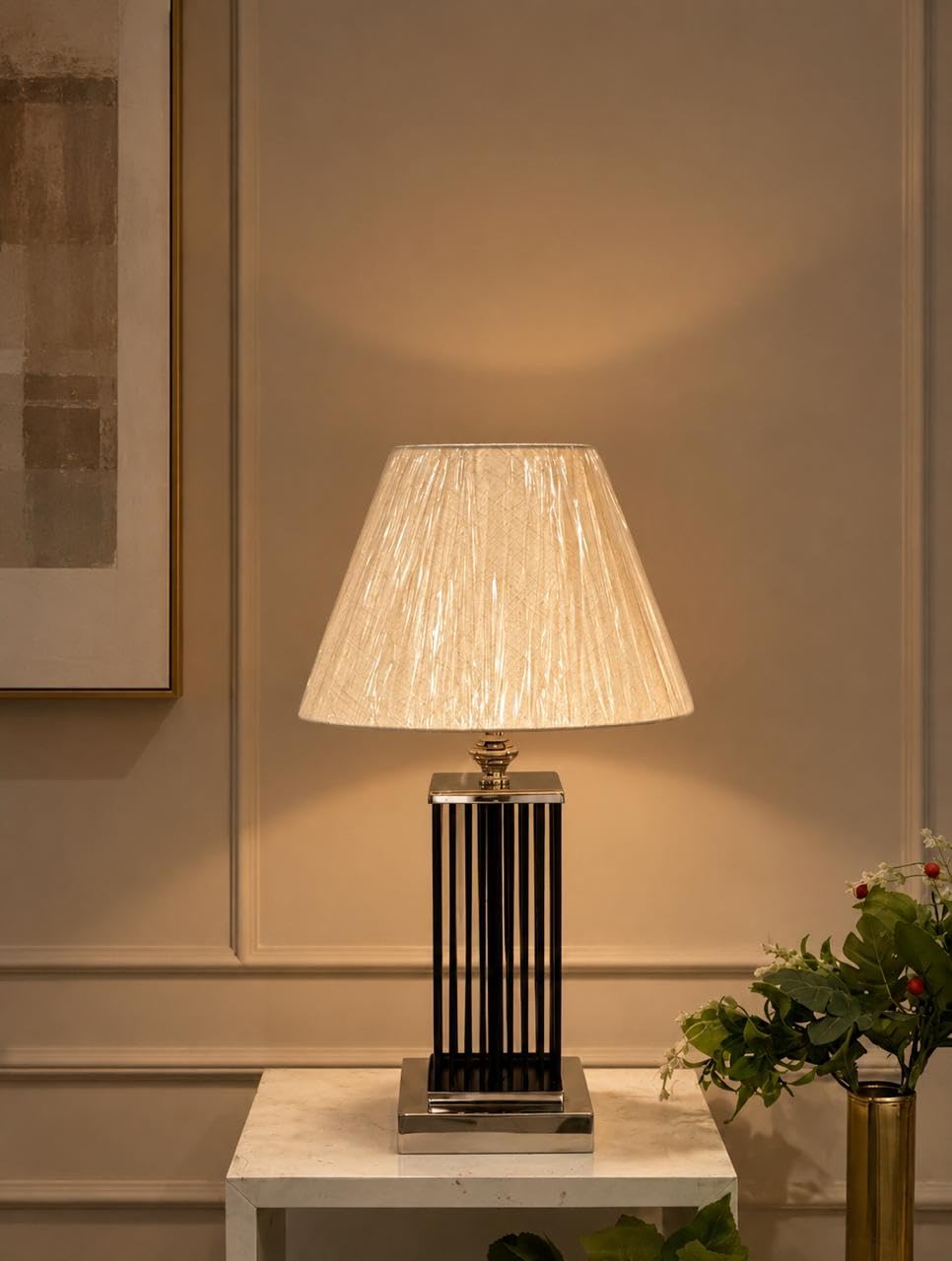 Metal Table Lamp with Fabric Drum Shade | Decorative Bedside Lamp for Bedroom, Living Room & Office | Premium Contemporary Nightstand Lamp-image-45
