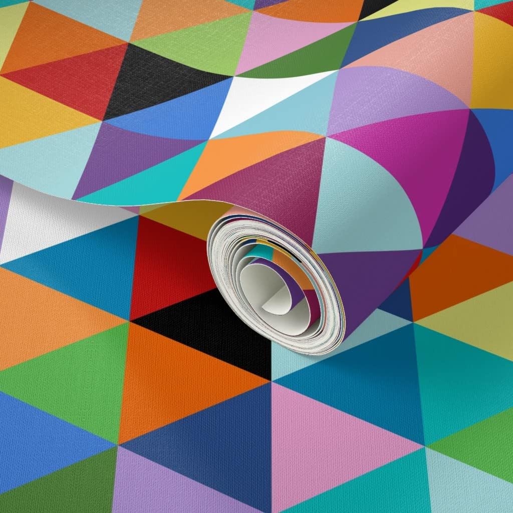 Peel & Stick Wallpaper Swatch - Colorful Geometric Triangle Cheater Quilt Pattern Happy Multi Color Modern Triangles Pop Art Colors Custom Removable Wallpaper by Spoonflower