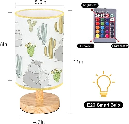 Miniatura 4 de Lámpara de mesita de noche, sin costuras, hipopótamo, mamá, base de madera para bebé, lámpara de mesita de noche regulable, tela minimalista,