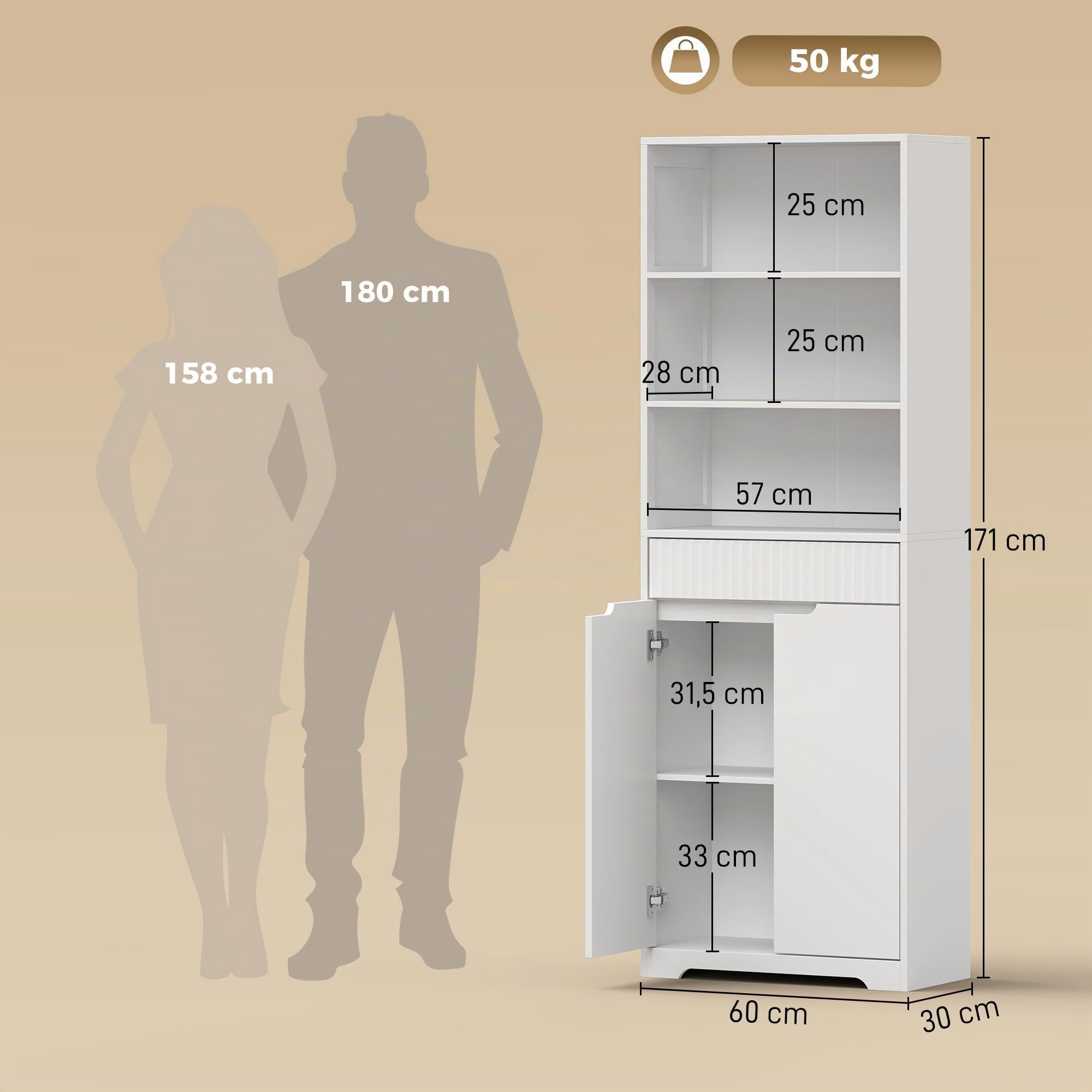 HOMCOM Armario Alto de Baño 3 Estantes Abiertos 60x30x171 cm Blanco | Mueble de Baño Estrecho, Cajón Acanalado, Estante Ajustable, Puertas de Cierre Suave, para Espacios Pequeños