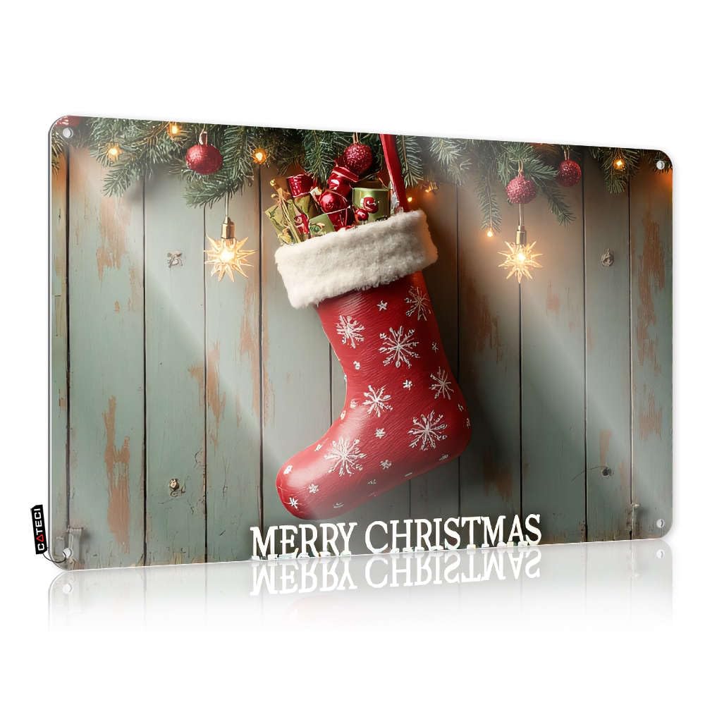 Funny Sign Tinsign Wall Decor | A Red Christmas Stocking With Gifts Inside. Scandinavian For Tailgating Home(20X30CM)